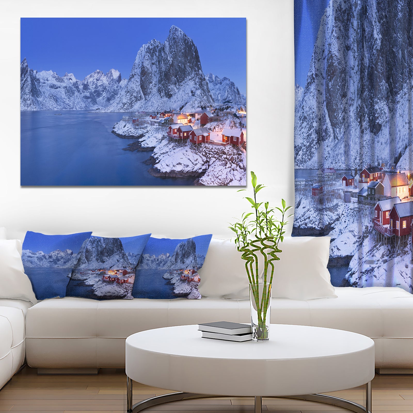 Fishermen Cabins in Winter - Modern Seashore Canvas Wall Art