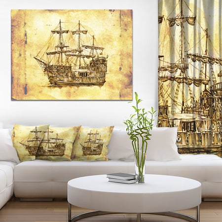 Old Travelling Boat Drawing - Seashore Wall Art on Canvas