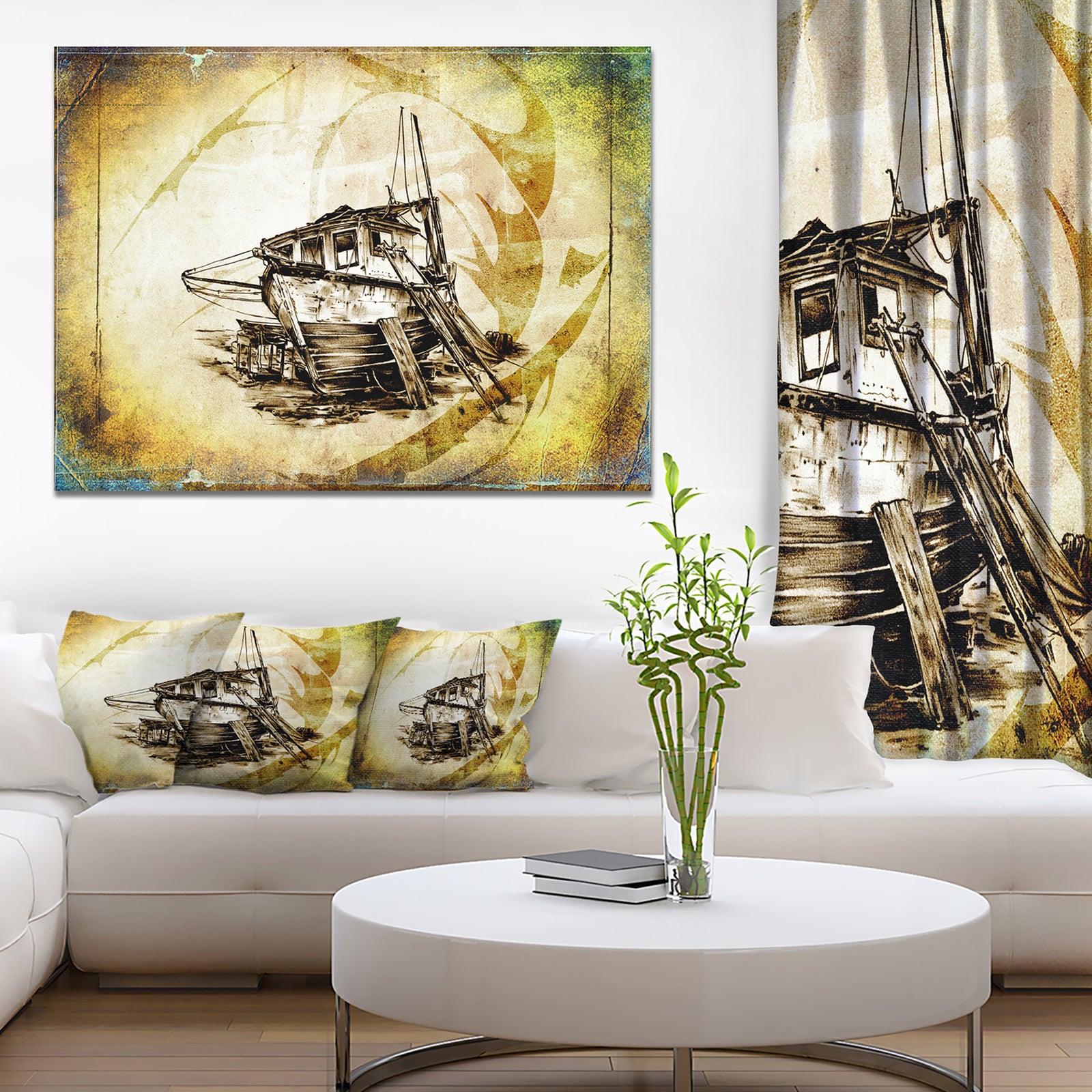 Drawing of Large Ancient Boat - Seashore Wall Art on Canvas