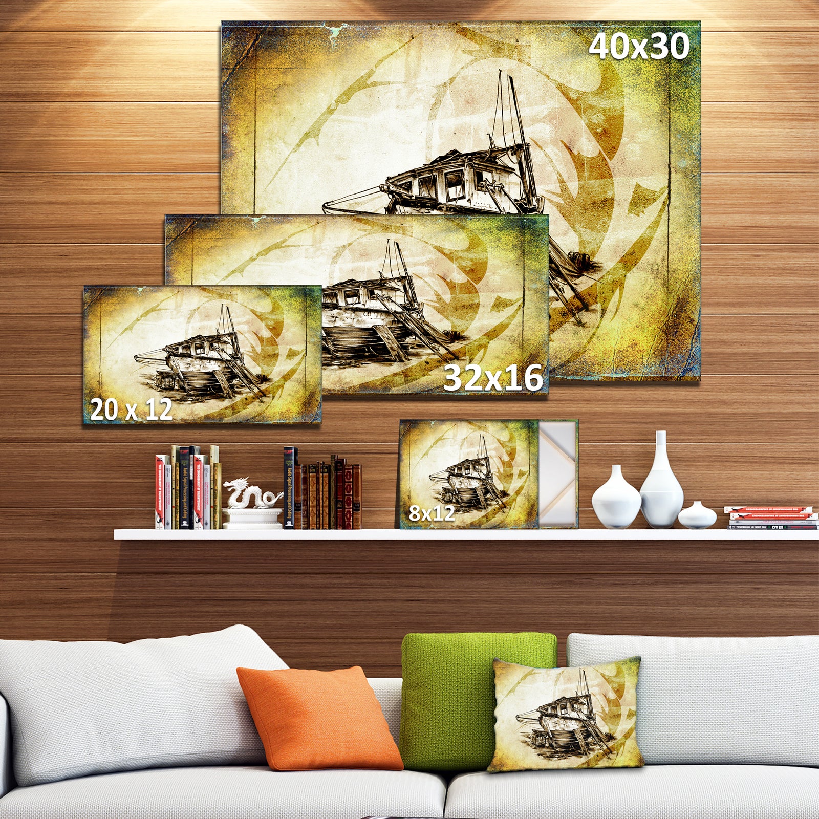 Drawing of Large Ancient Boat - Seashore Wall Art on Canvas