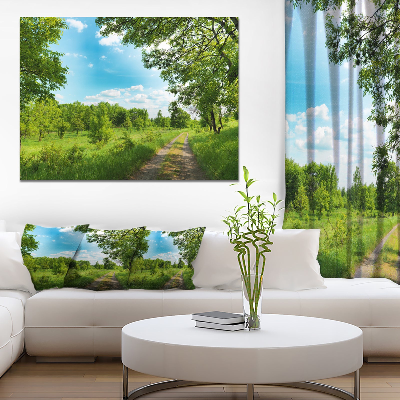 Green Forest Road and Blue Sky - Modern Landscape Canvas Art