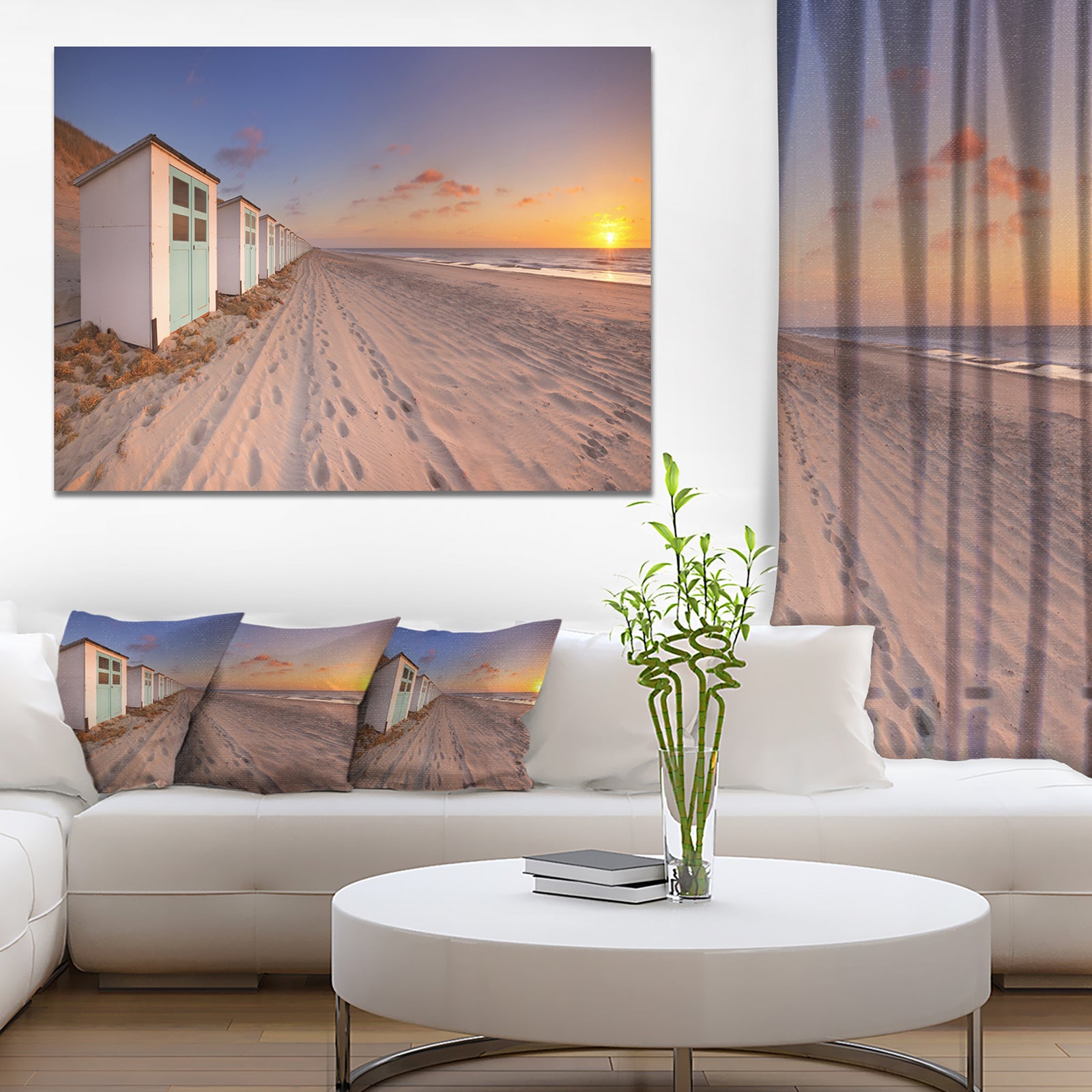 Row of Beach Huts at Sunset - Modern Landscape Canvas Art
