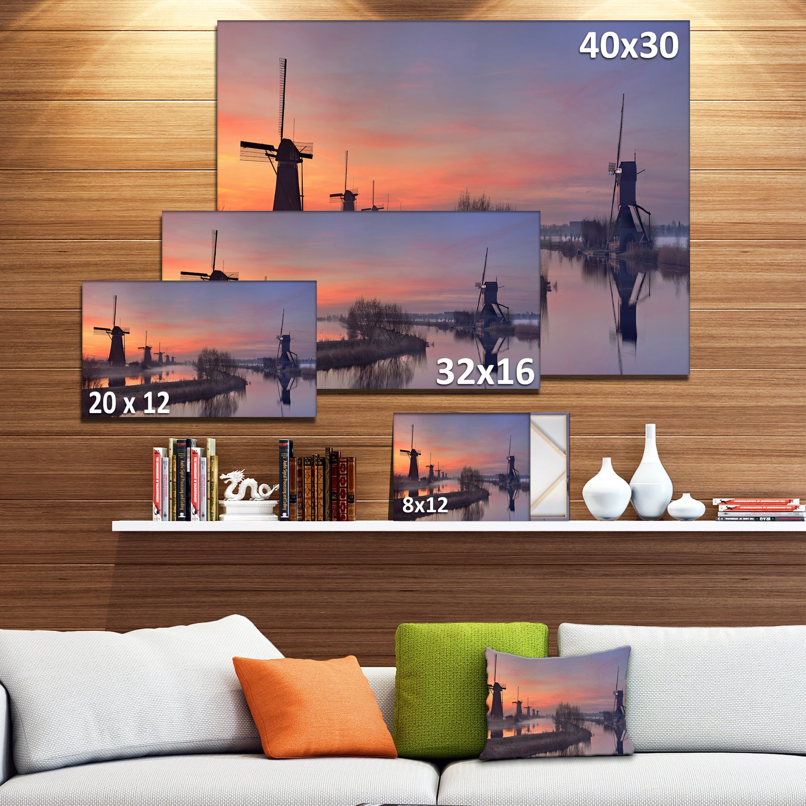 Windmills at Sunrise Panorama - Landscape Wall Art on Canvas