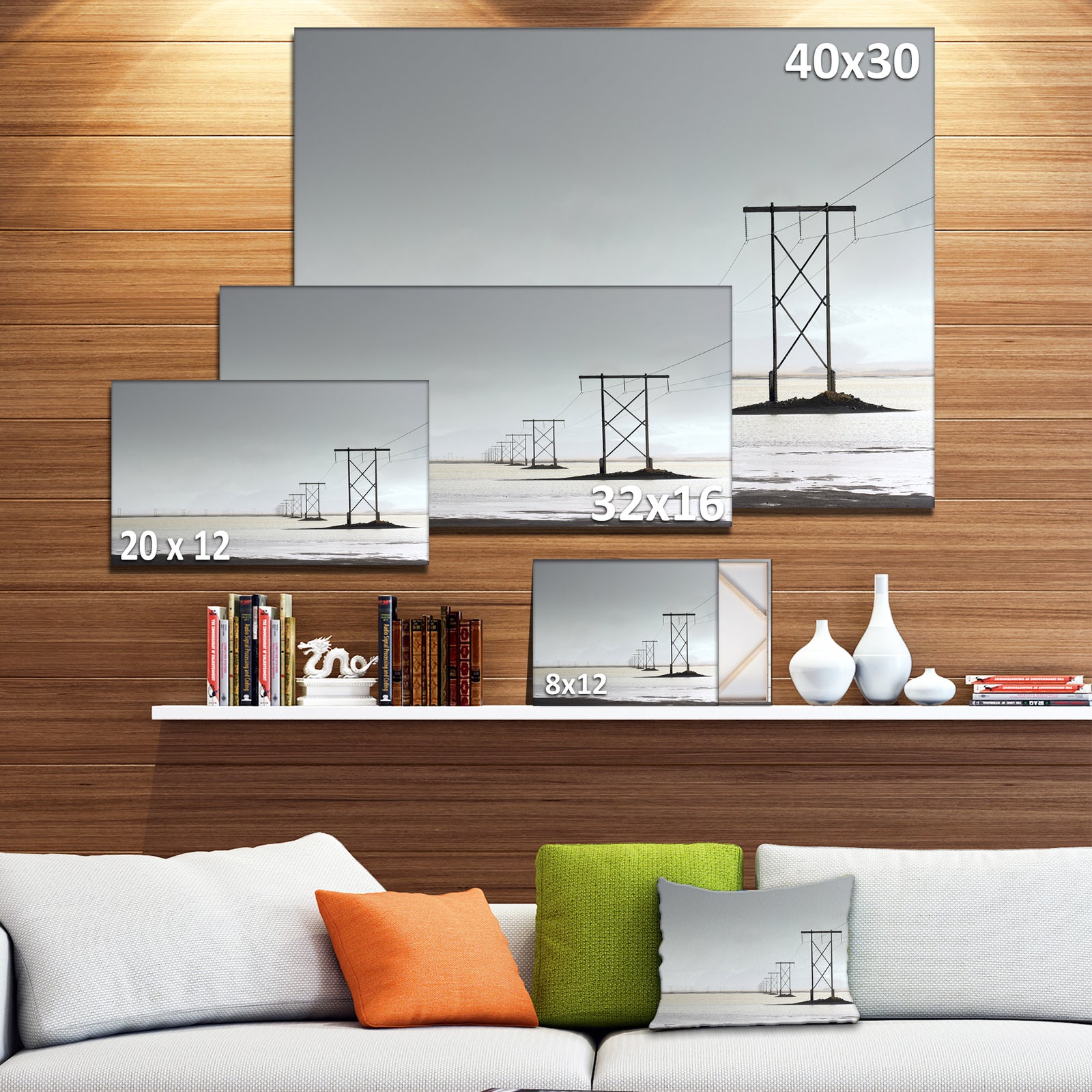 Electricity Pylons over Lagoon - Landscape Canvas Wall Artwork