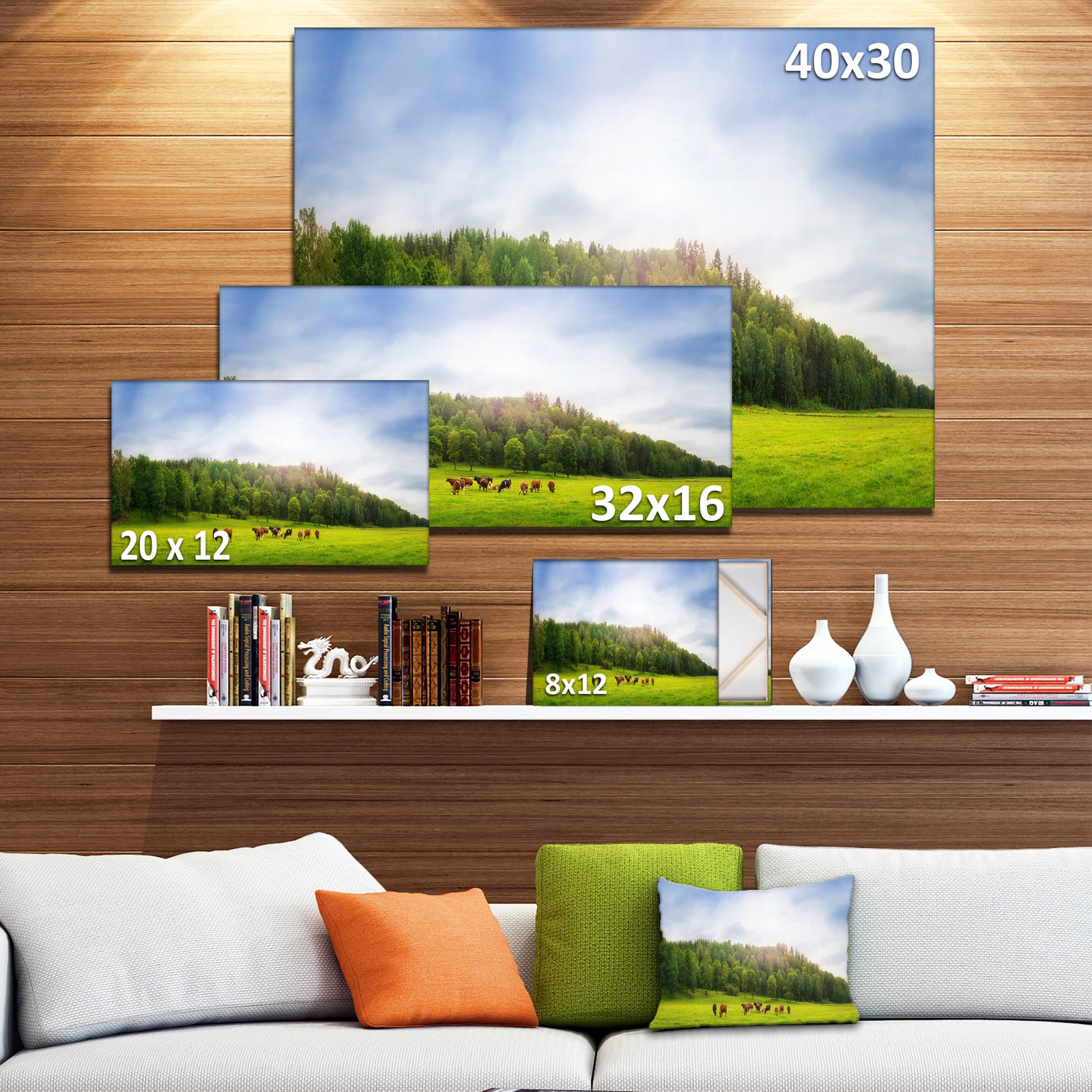 Cows on Field Panorama - Landscape Canvas Wall Artwork