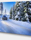 SUV Car Though Snowy Winter - Landscape Canvas Wall Artwork