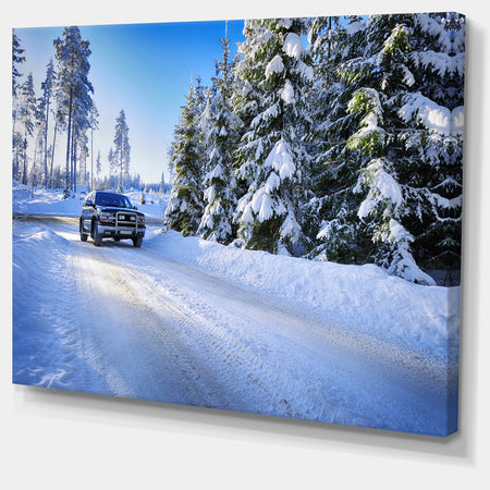 SUV Car Though Snowy Winter - Landscape Canvas Wall Artwork