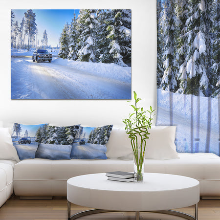 SUV Car Though Snowy Winter - Landscape Canvas Wall Artwork