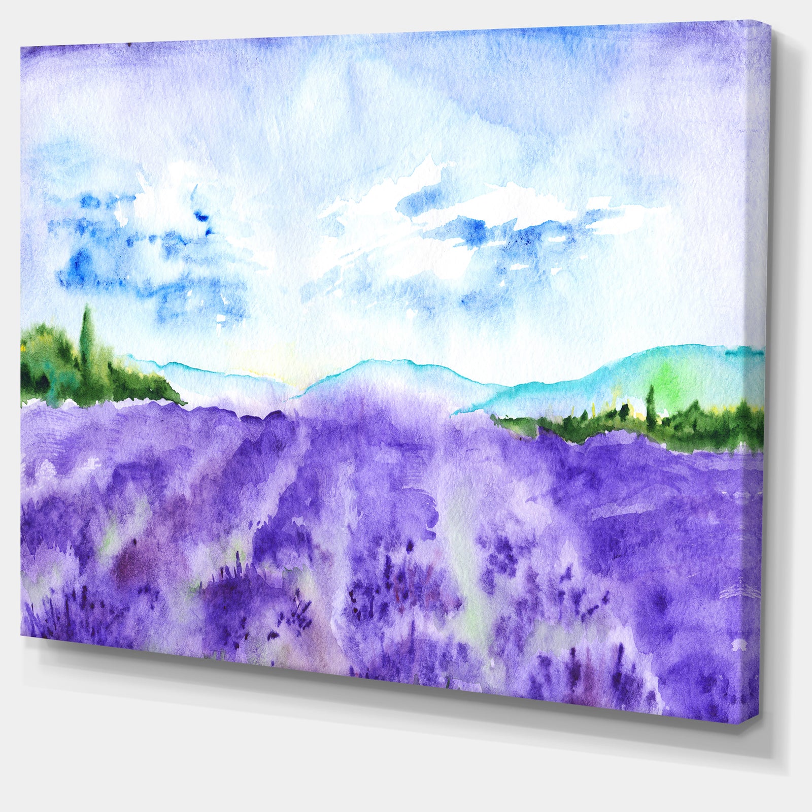 Blue Lavender Fields Watercolor - Landscape Wall Artwork