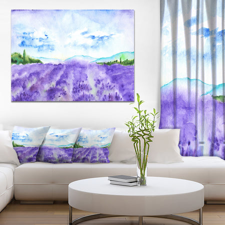 Blue Lavender Fields Watercolor - Landscape Wall Artwork