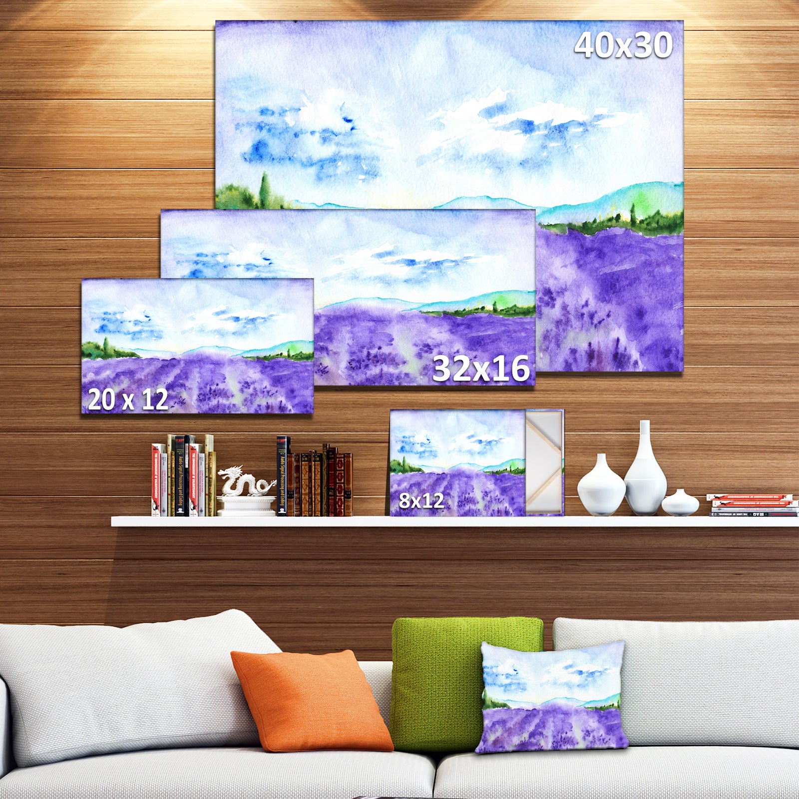 Blue Lavender Fields Watercolor - Landscape Wall Artwork