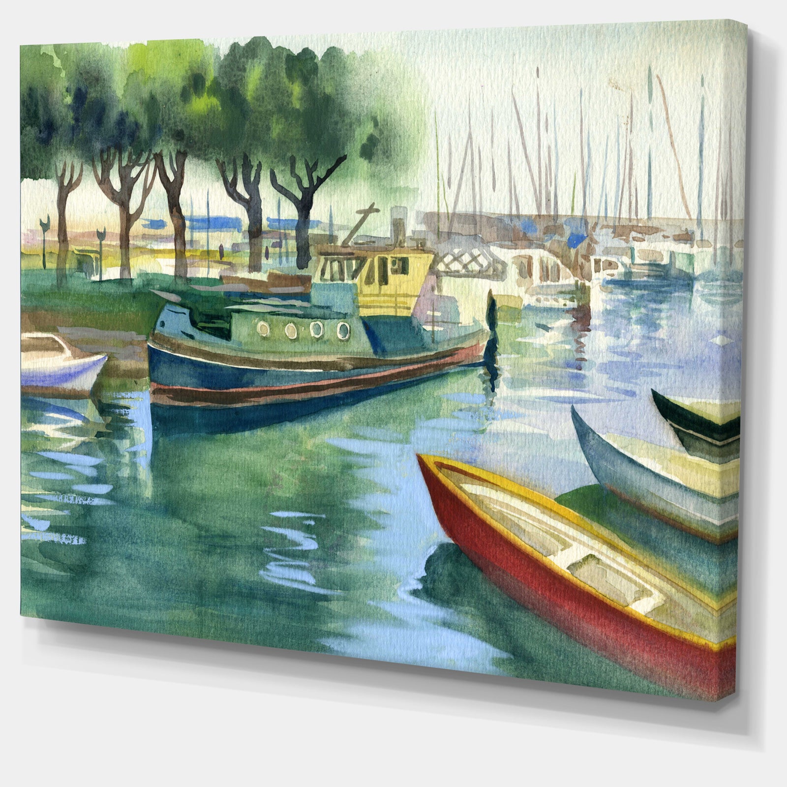 Boats in River Watercolor - Landscape Wall Artwork