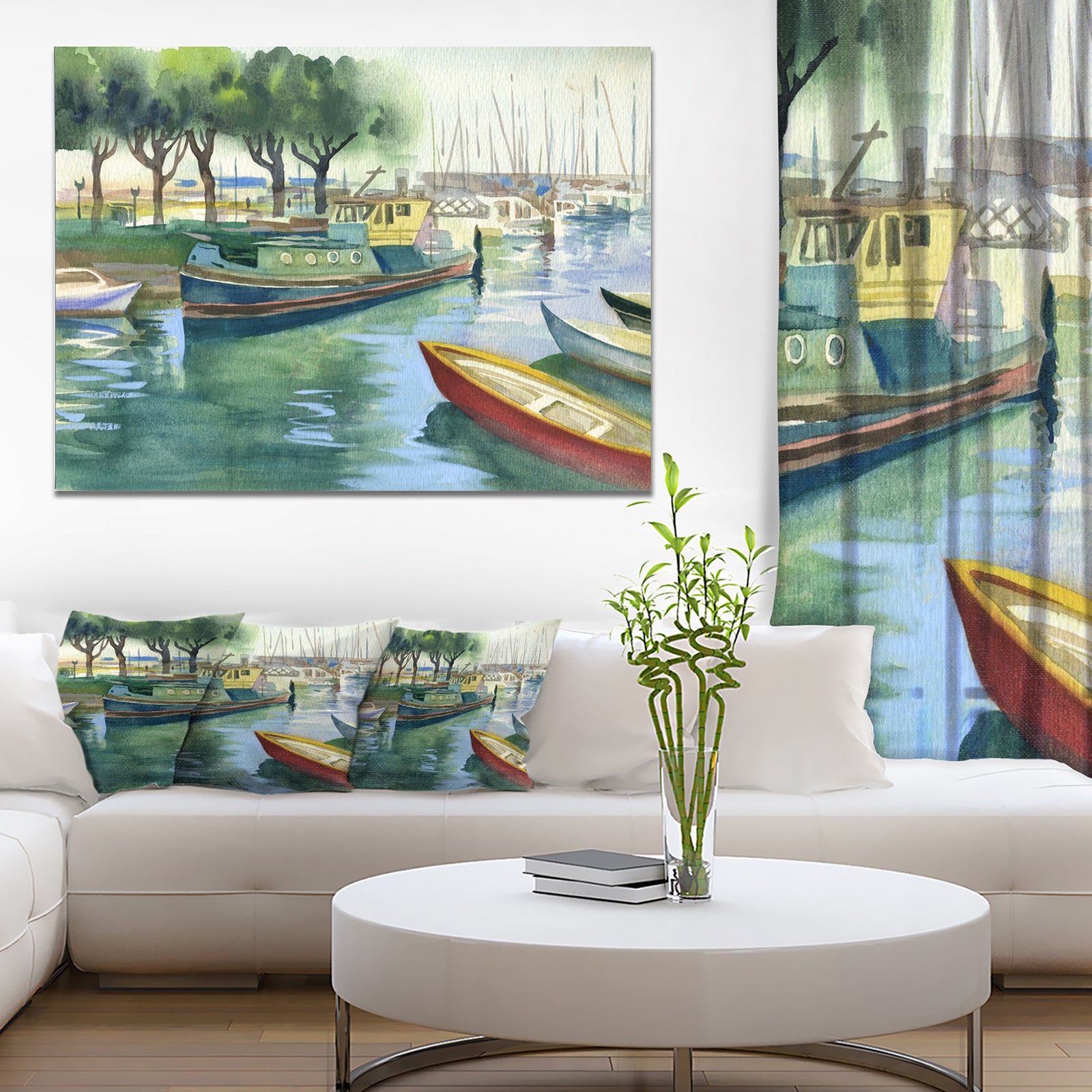 Boats in River Watercolor - Landscape Wall Artwork