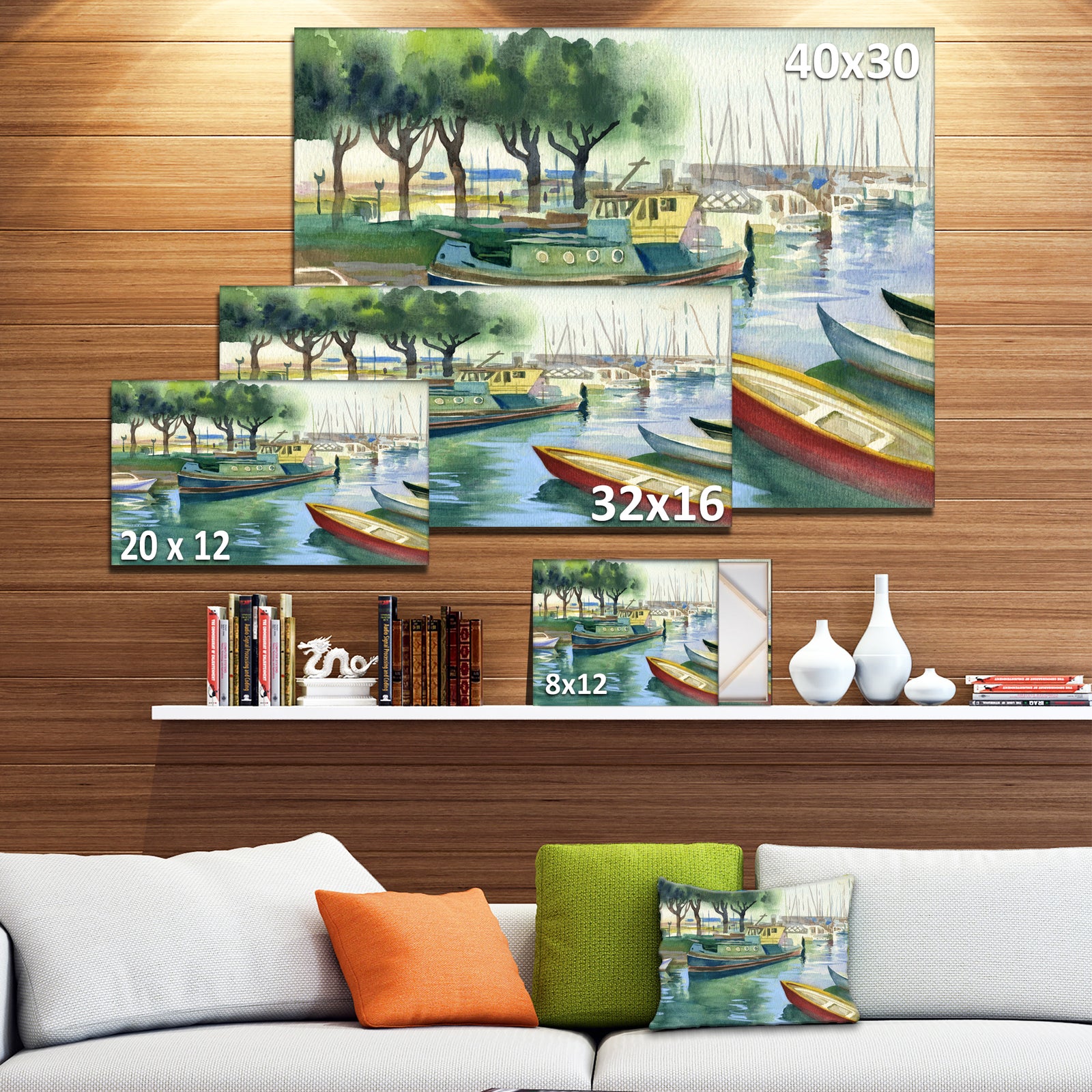 Boats in River Watercolor - Landscape Wall Artwork