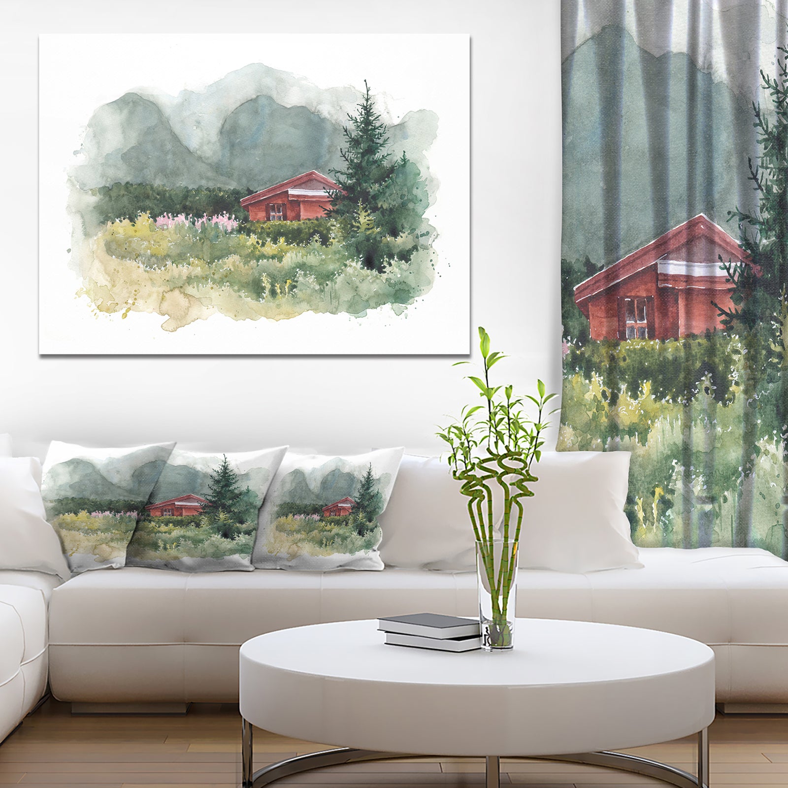 Watercolor House Aad Mountains - Landscape Wall Artwork