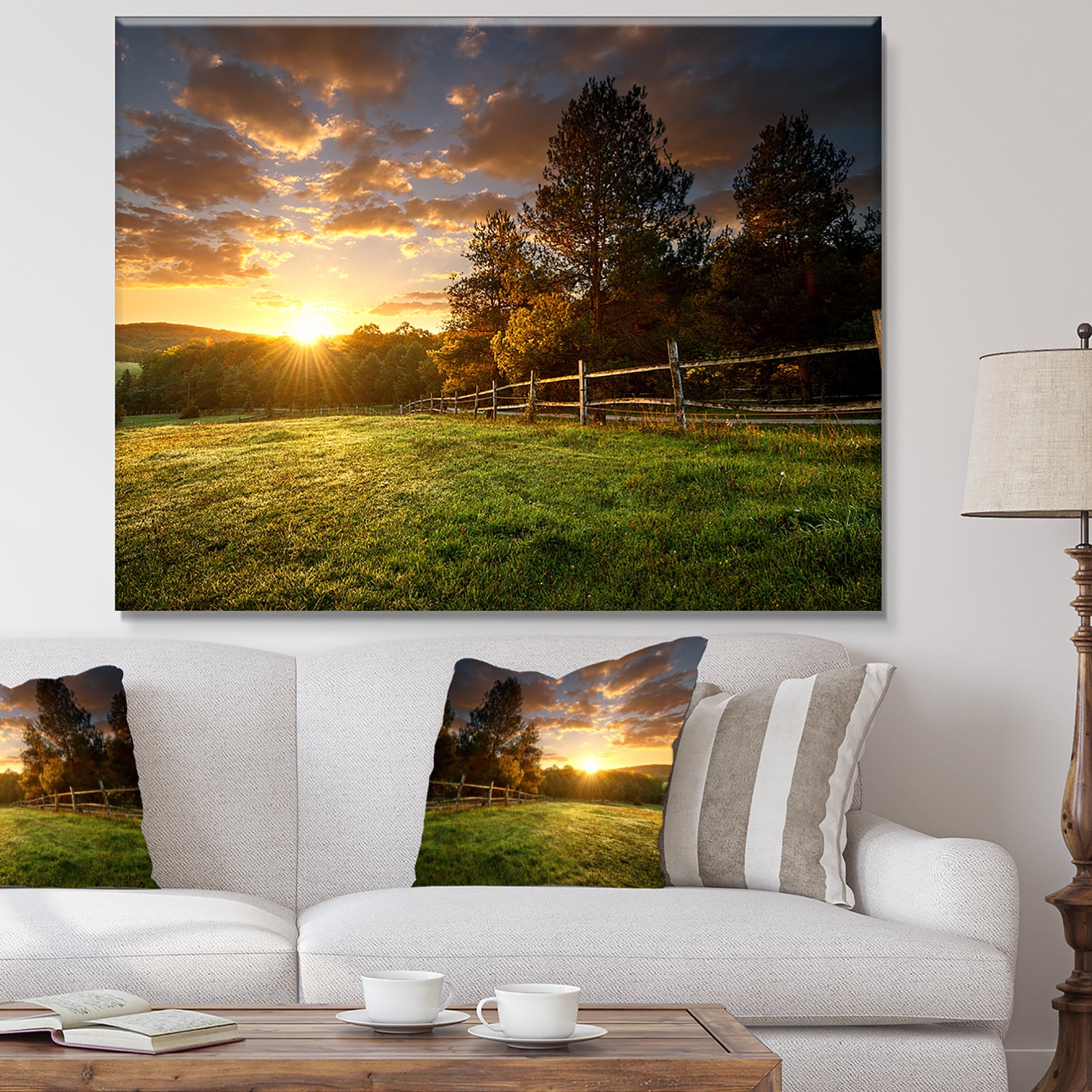 Fenced Ranch at Sunrise - Modern Landscape Art