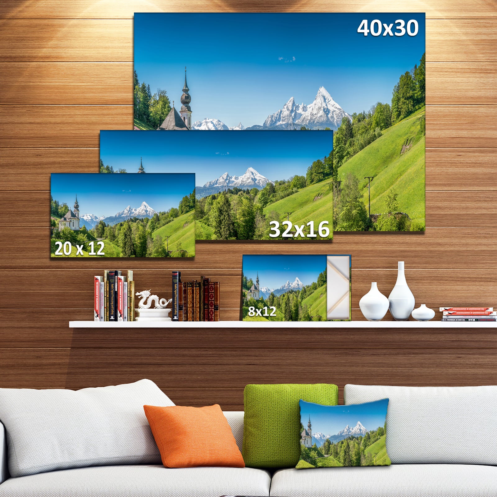 Design Canvas Art Print 'Green Mountain View of Bavarian Alps - Extra Large Landscape Canvas Art Print