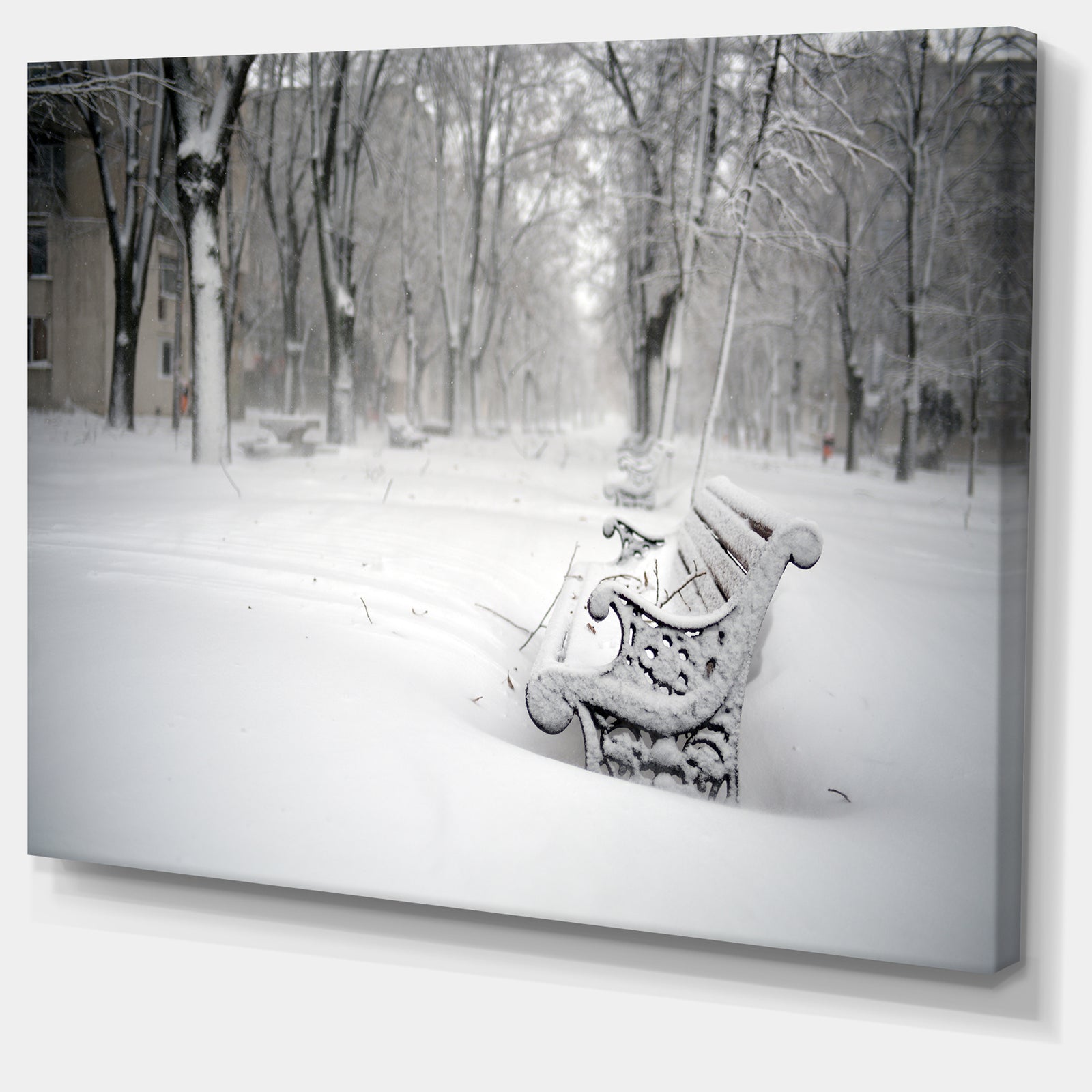Design Canvas Art Print 'Benches in Park Covered with Snow - Extra Large Landscape Canvas Art Print