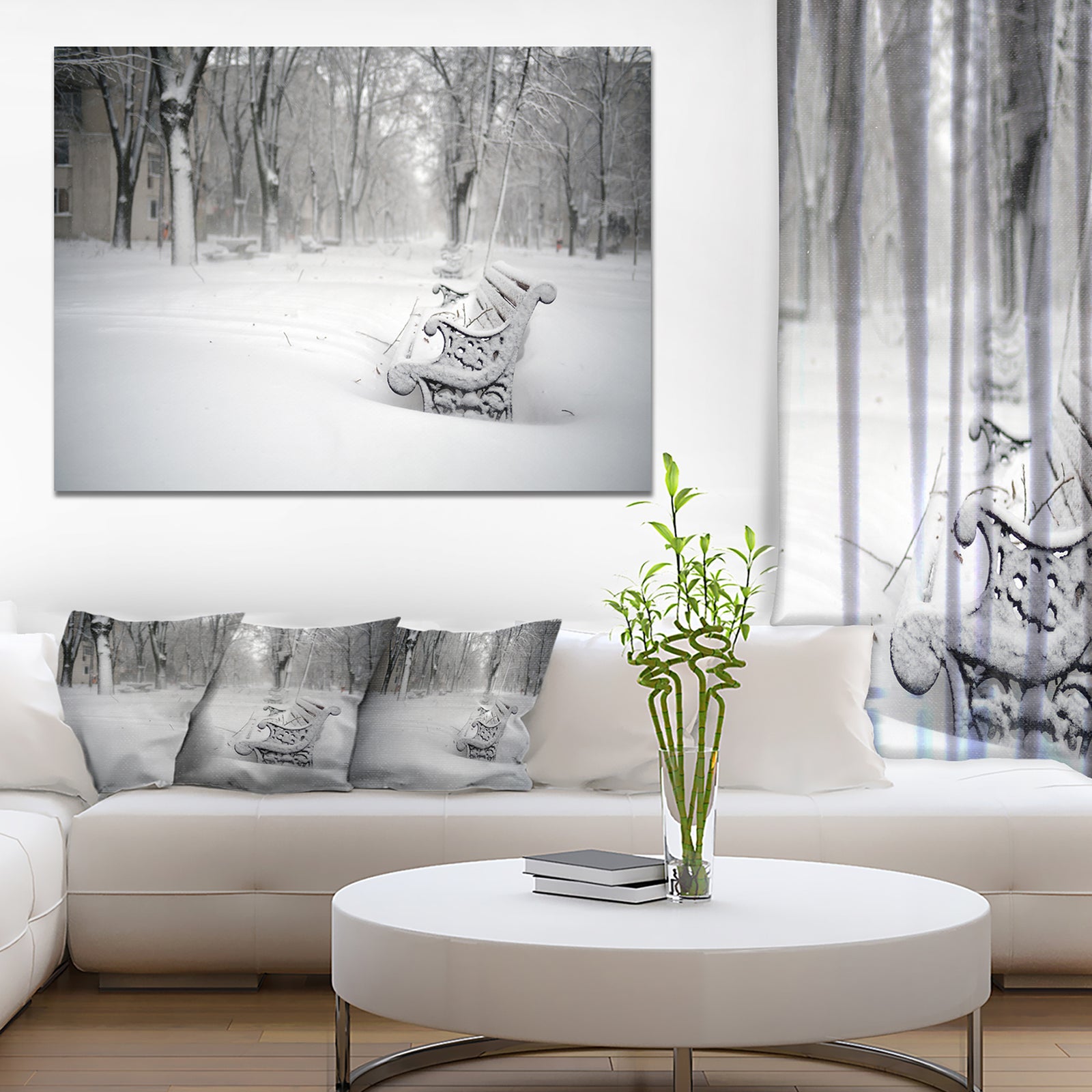 Design Canvas Art Print 'Benches in Park Covered with Snow - Extra Large Landscape Canvas Art Print