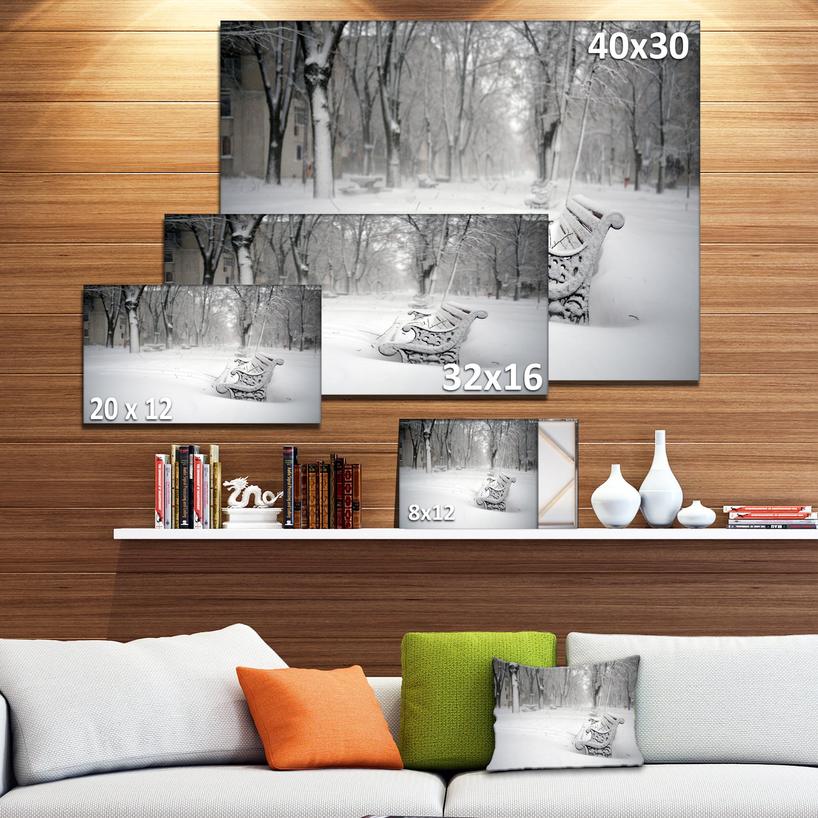 Design Canvas Art Print 'Benches in Park Covered with Snow - Extra Large Landscape Canvas Art Print