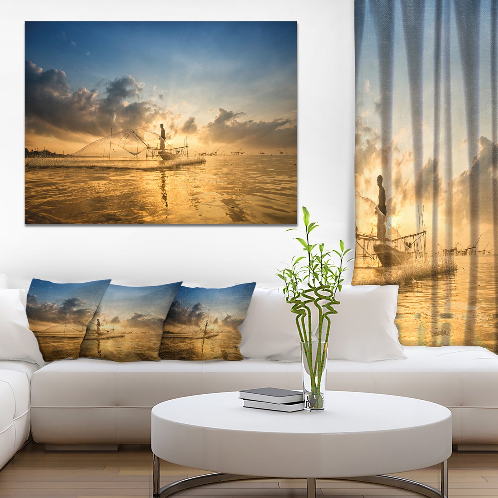 Design Canvas Art Print 'Pakpra with Fisherman at Sunrise - Extra Large Landscape Canvas Art Print
