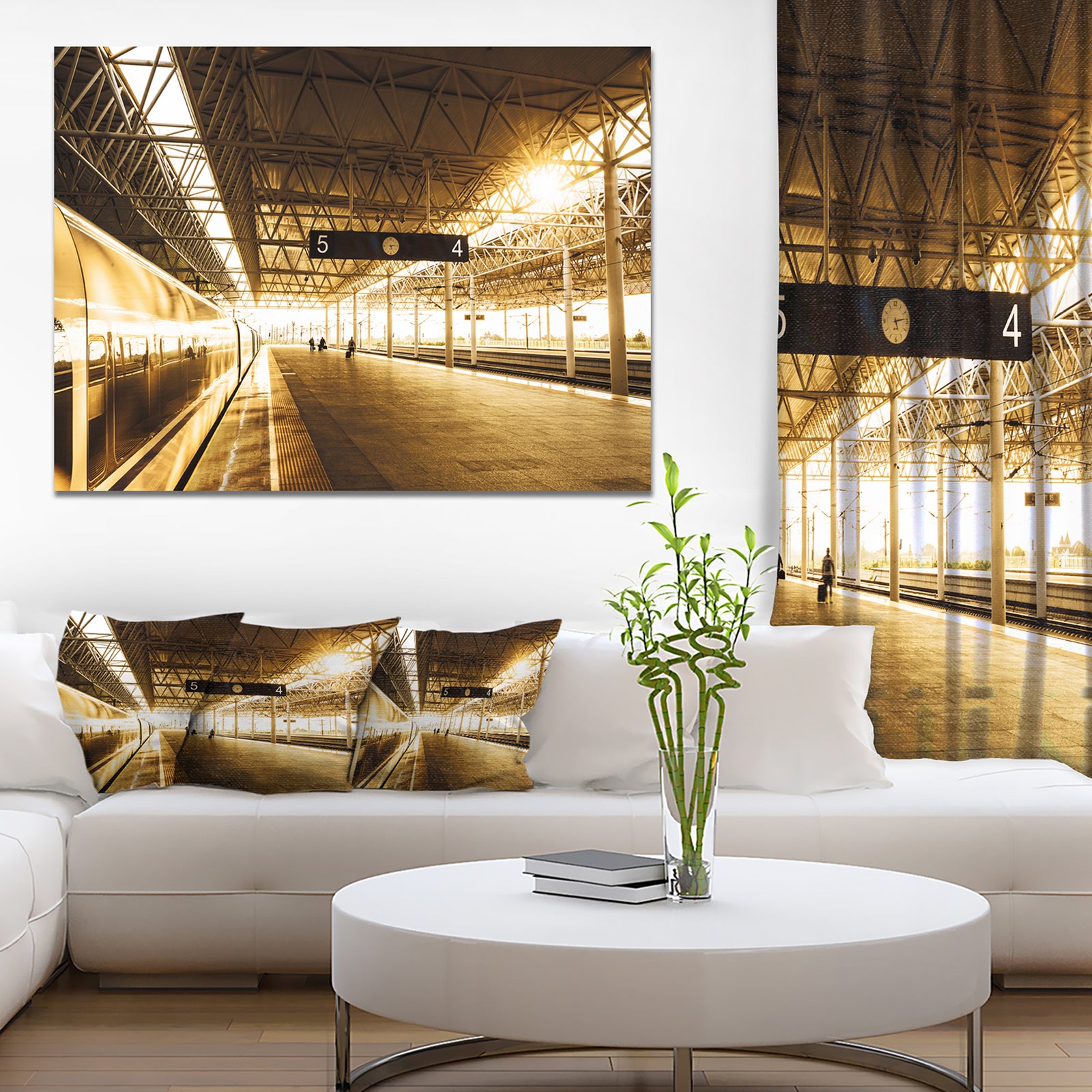 Design Canvas Art Print 'Train at Railway Station with Sunlight - Extra Large Landscape Canvas Art Print