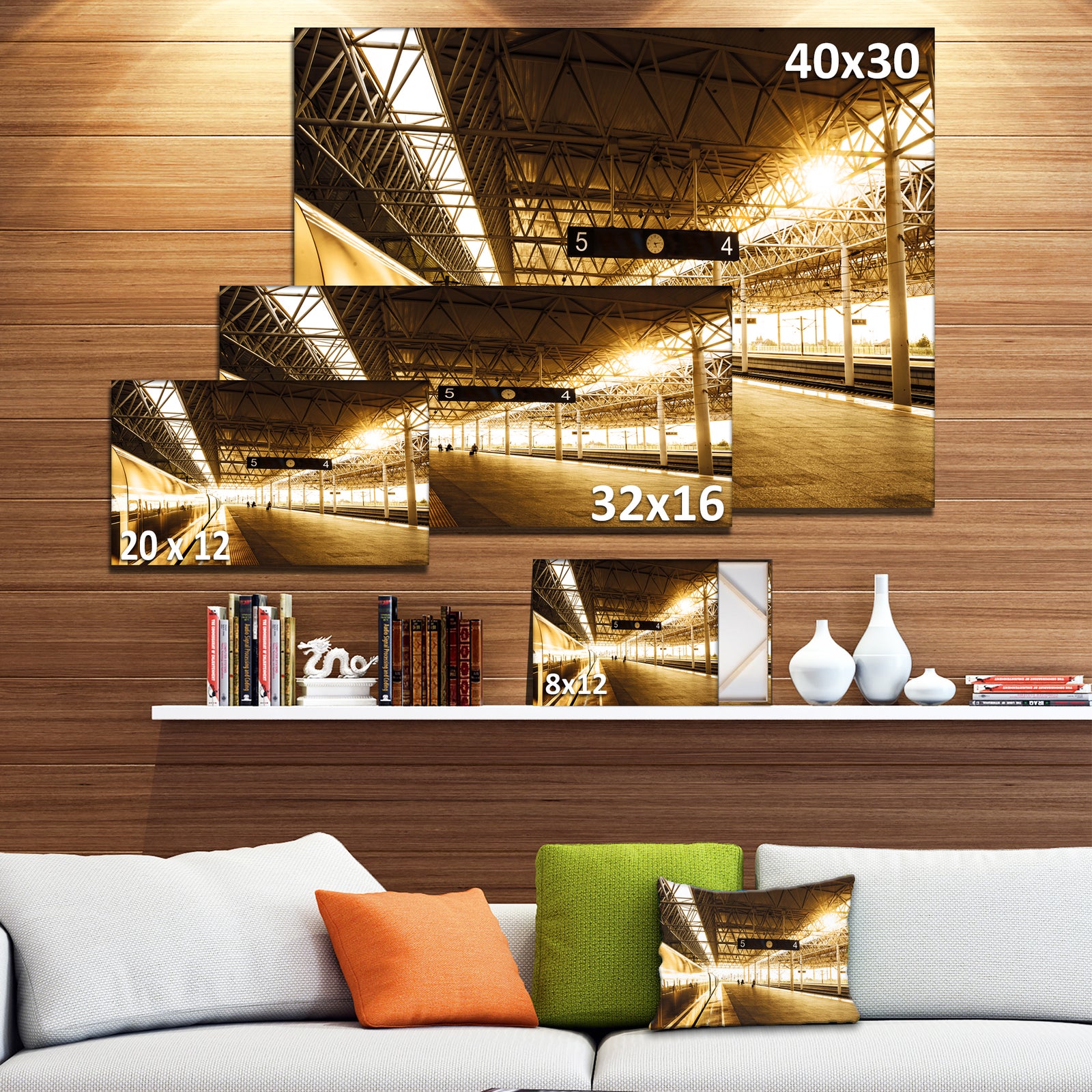 Design Canvas Art Print 'Train at Railway Station with Sunlight - Extra Large Landscape Canvas Art Print