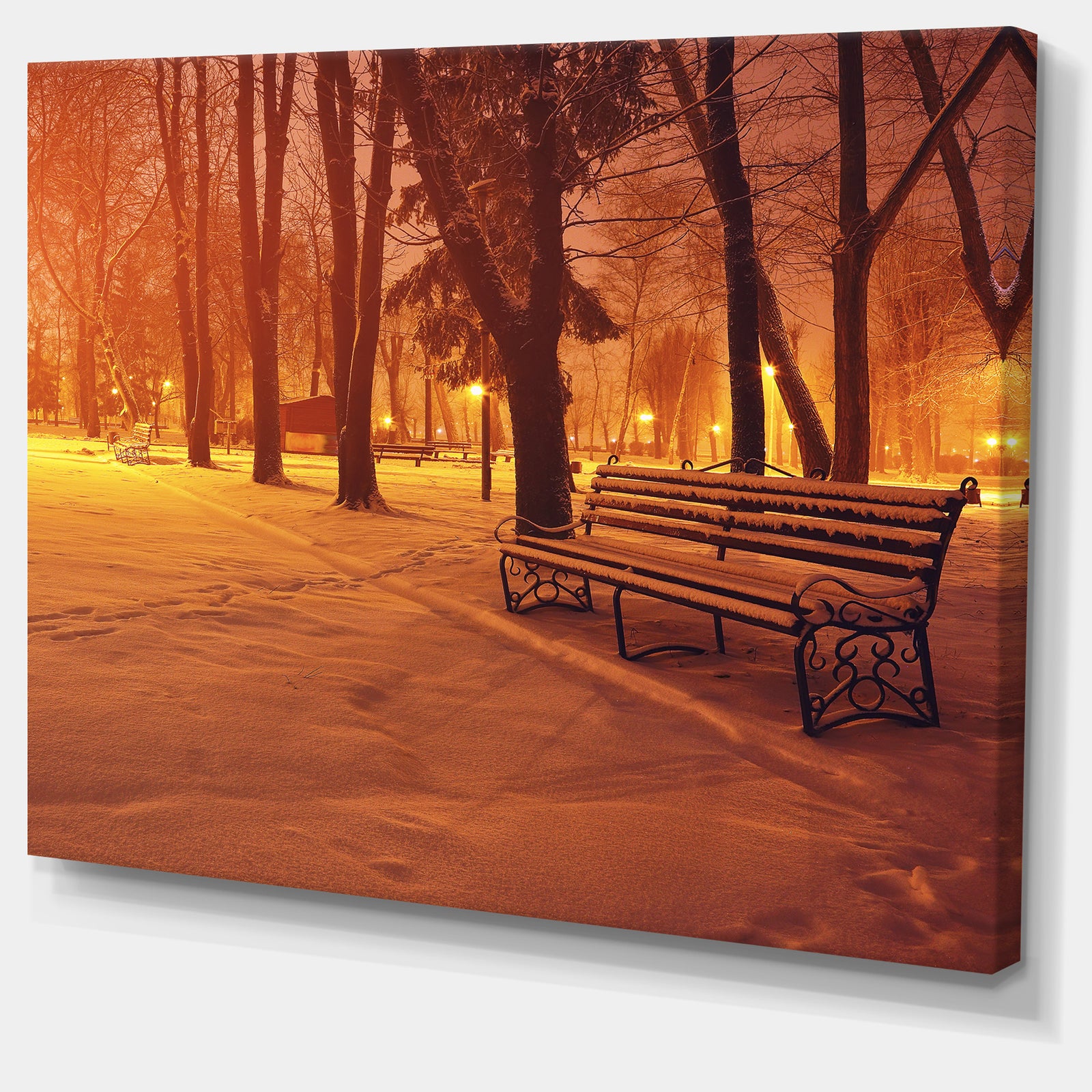 Design Canvas Art Print 'Snow Covered Benches in Evening - Large Landscape Canvas Art Print