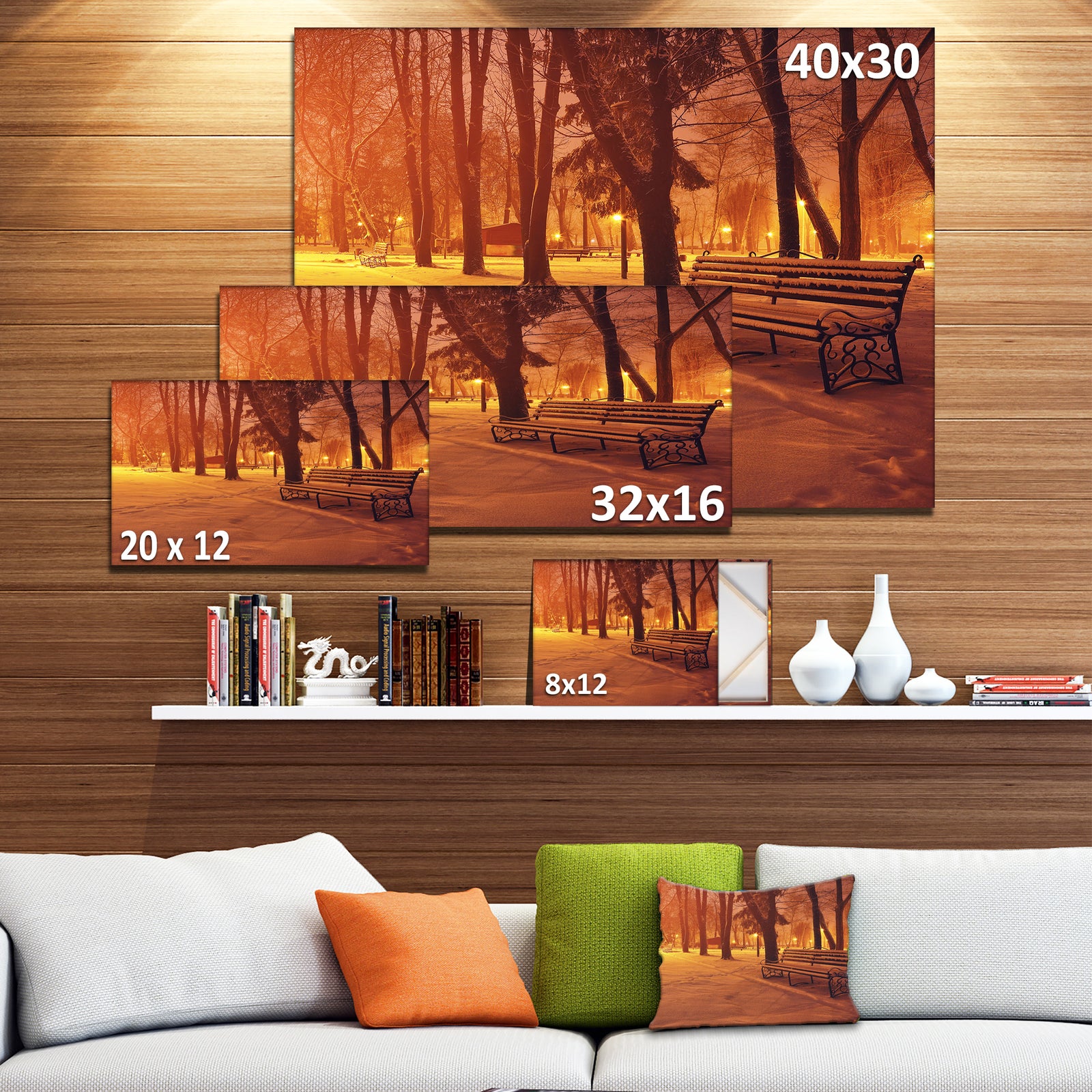 Design Canvas Art Print 'Snow Covered Benches in Evening - Large Landscape Canvas Art Print