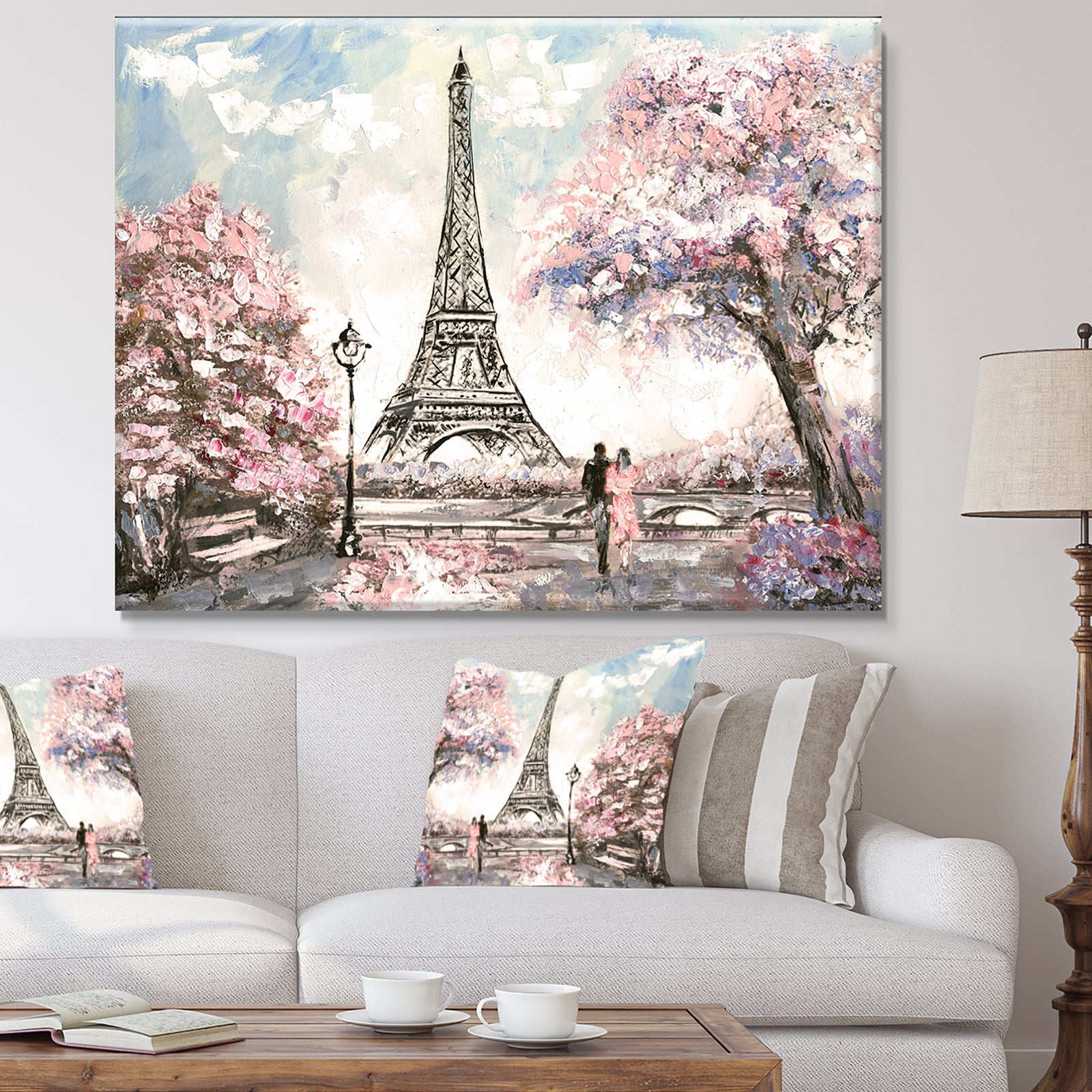 Eiffel with Pink Flowers Landscape Canvas Art Print
