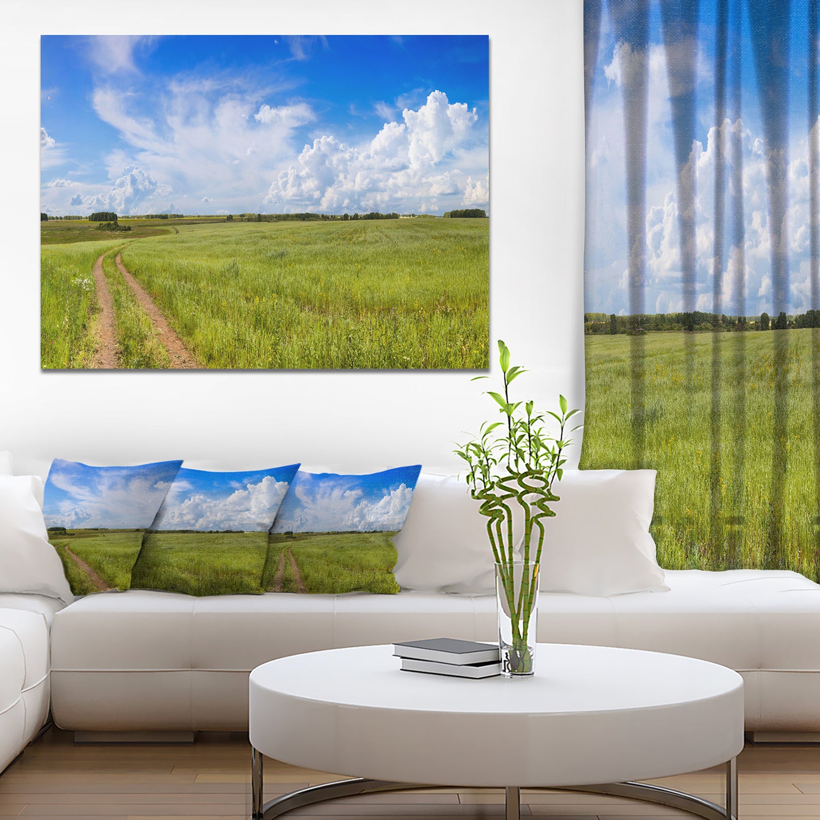 Road in Field with Green Grass - Extra Large Landscape Canvas Art Print
