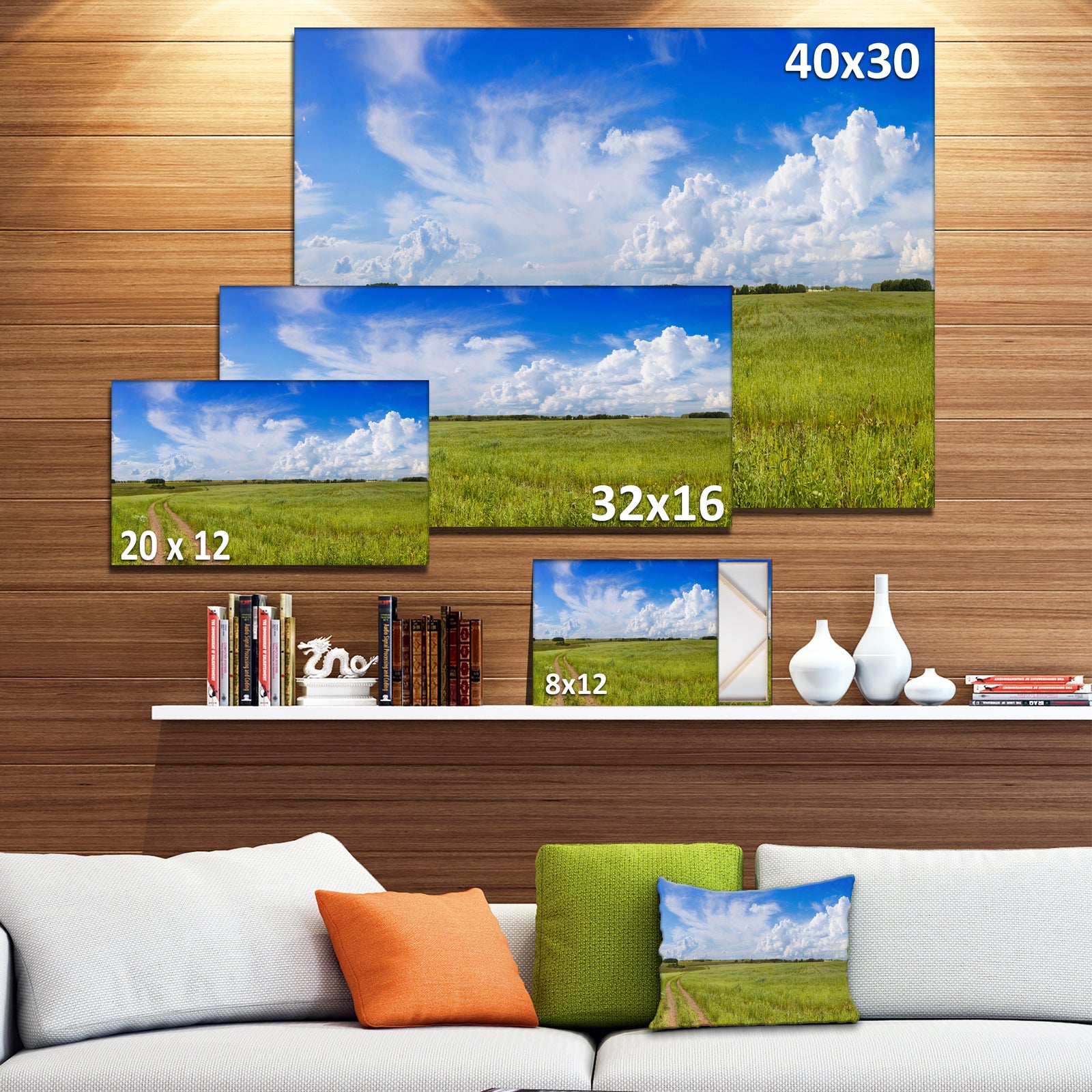 Road in Field with Green Grass - Extra Large Landscape Canvas Art Print