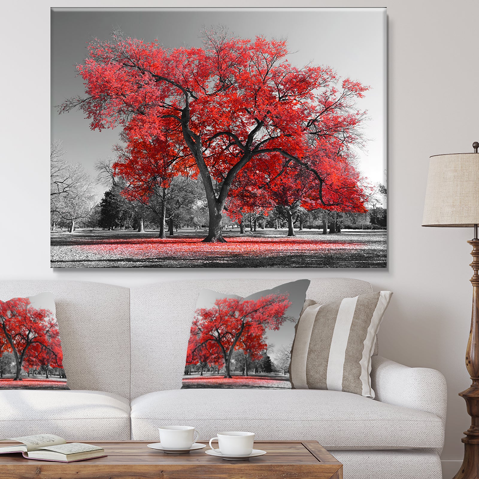 Big Red Tree on Foggy Day - Large Landscape Canvas Art Print