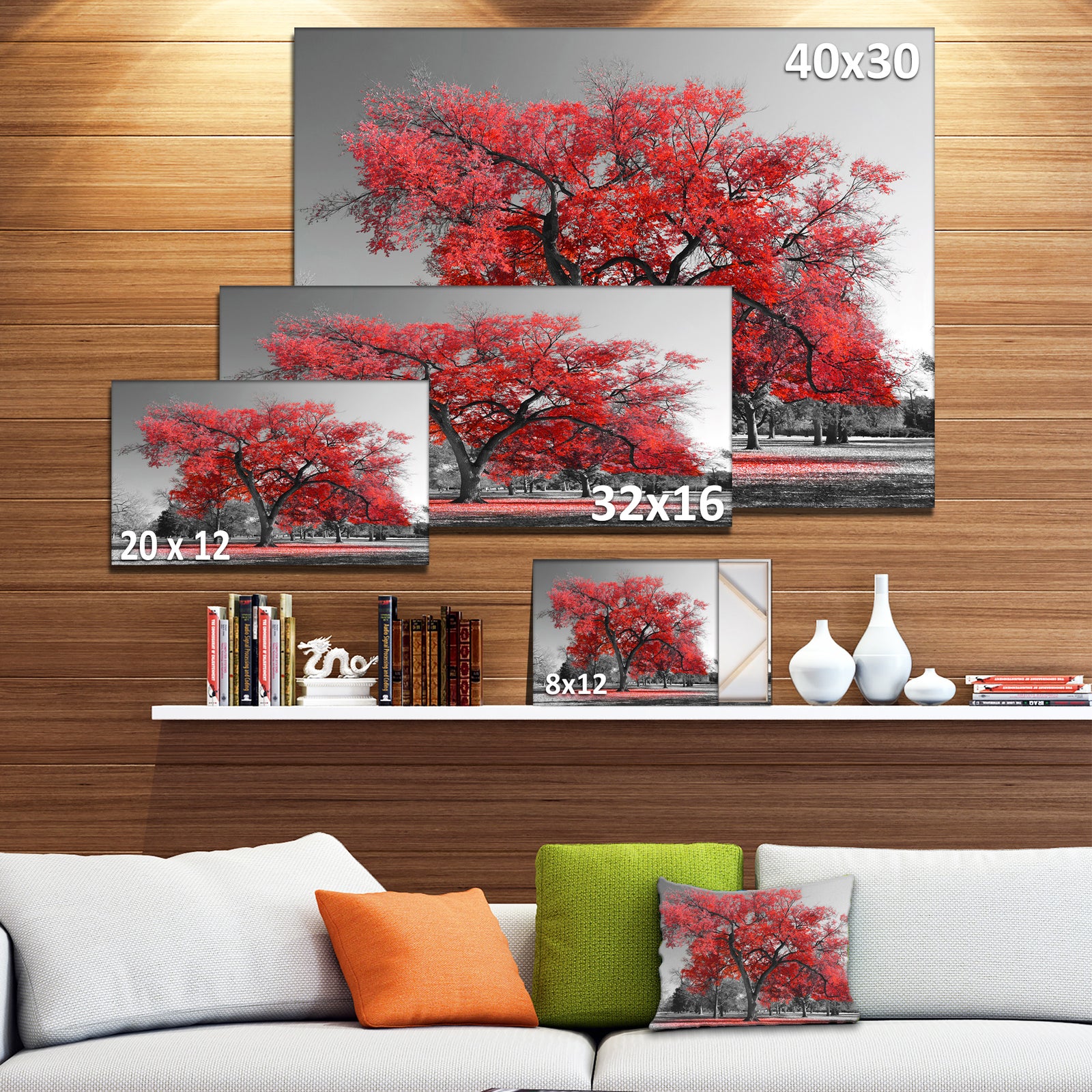 Big Red Tree on Foggy Day - Large Landscape Canvas Art Print