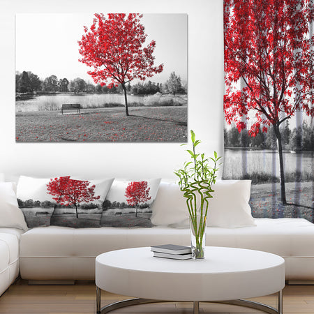 Red Tree over Park Bench - Large Landscape Canvas Art Print