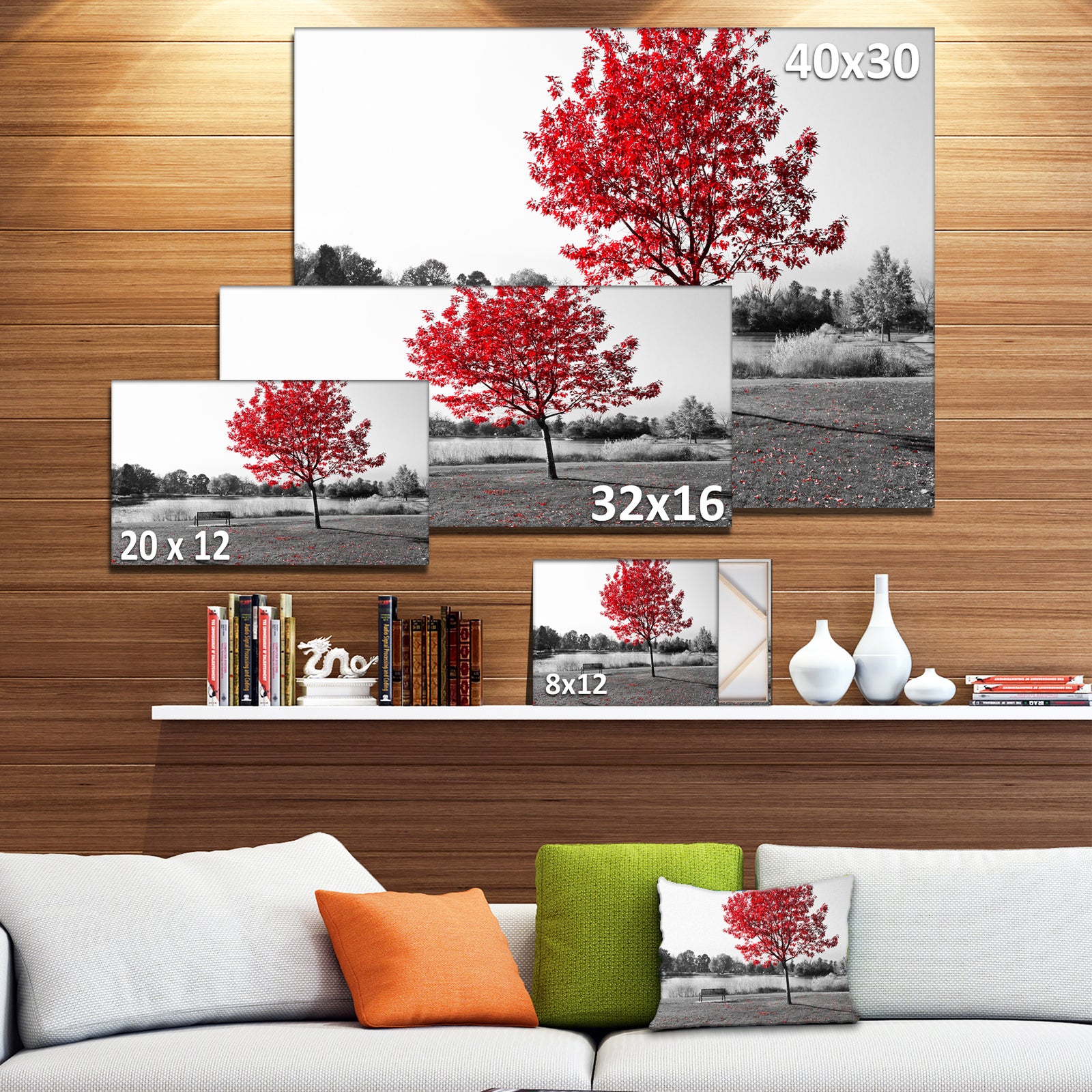Red Tree over Park Bench - Large Landscape Canvas Art Print