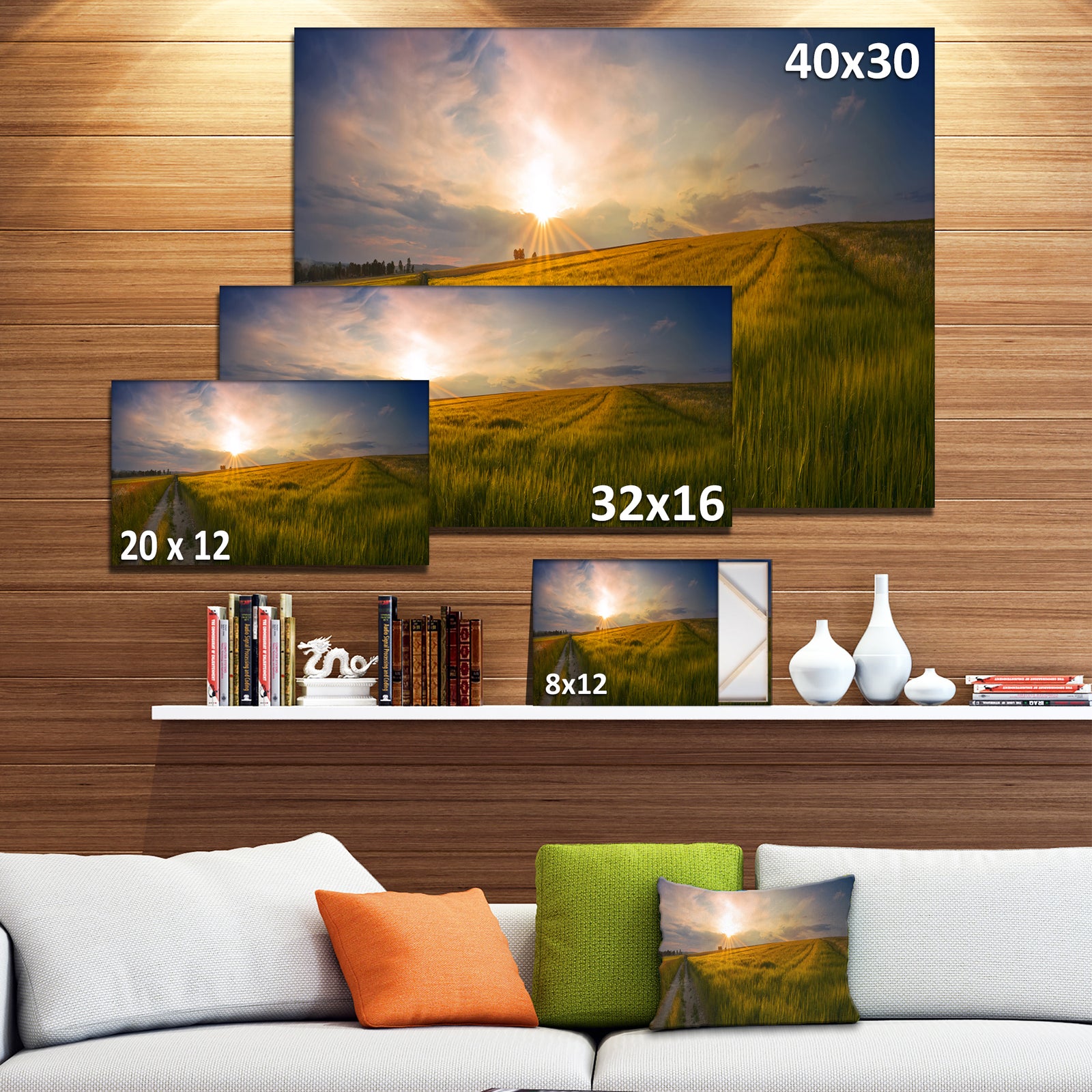 Sunset in Field of Grain Panorama - Large Landscape Canvas Art Print
