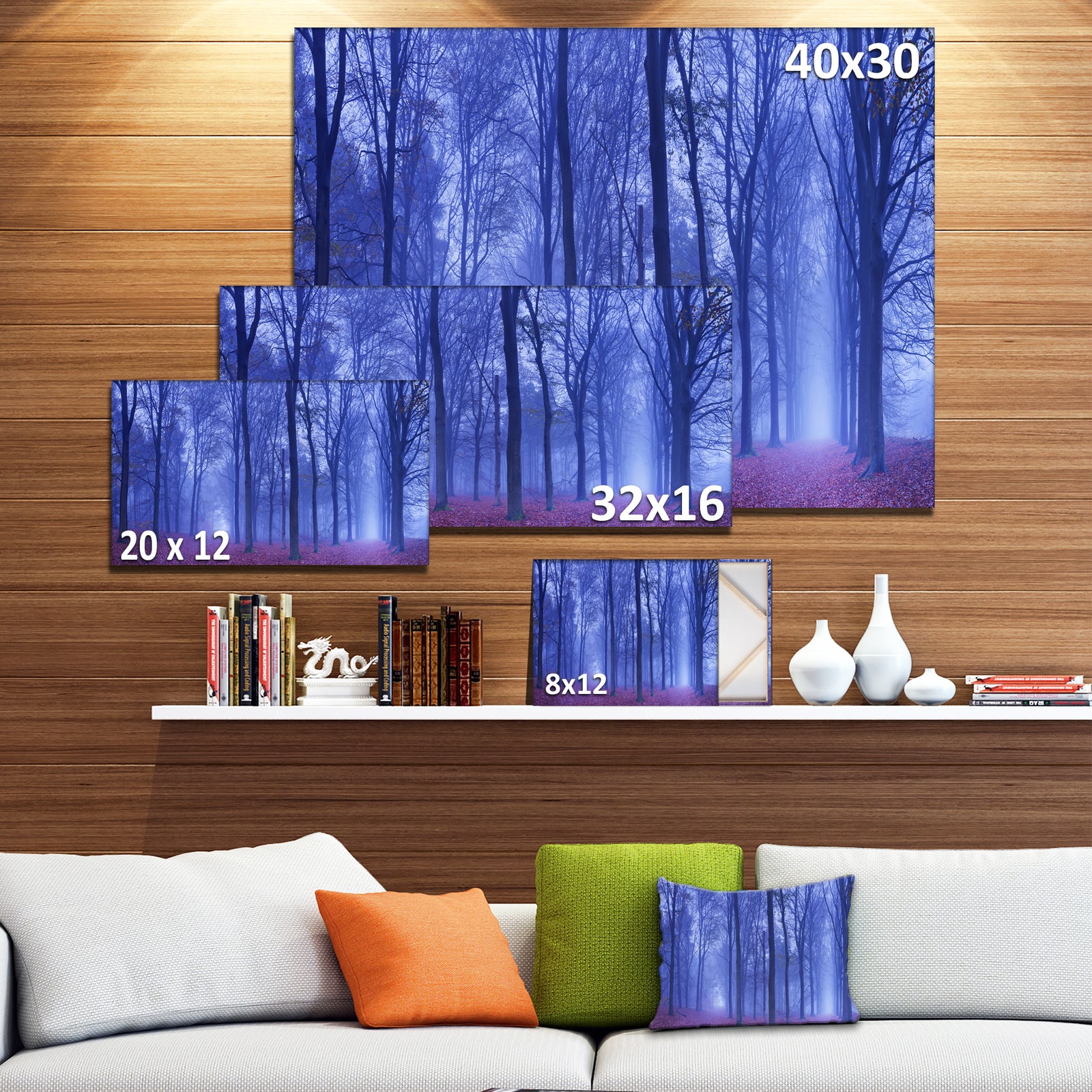 Two Paths in Foggy Blue Forest - Landscape Large Canvas Art Print
