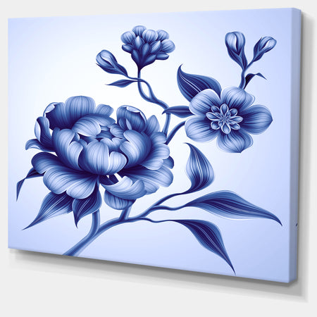 Blue Peony Rose and Sakura Flowers - Modern Floral Large Canvas Art