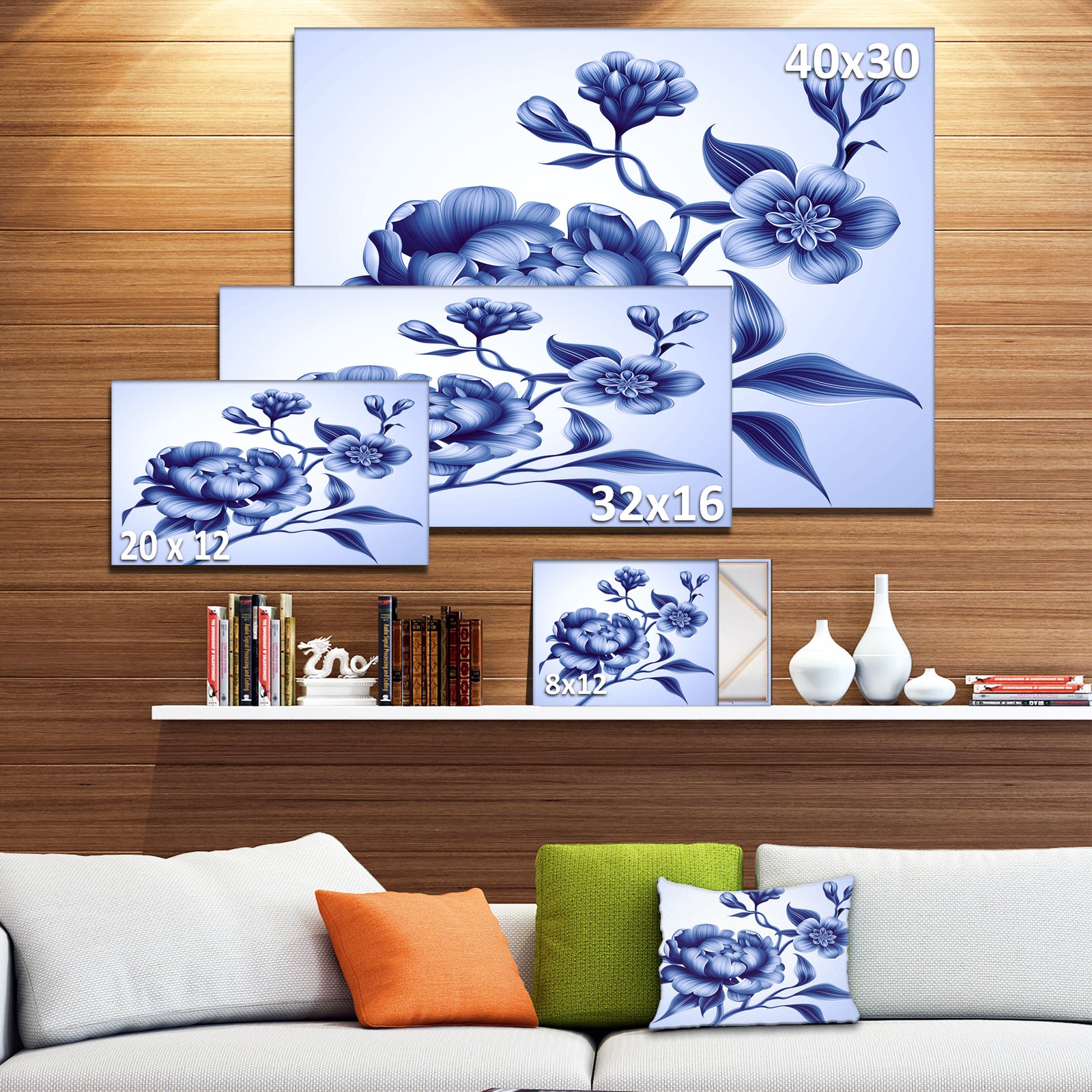 Blue Peony Rose and Sakura Flowers - Modern Floral Large Canvas Art