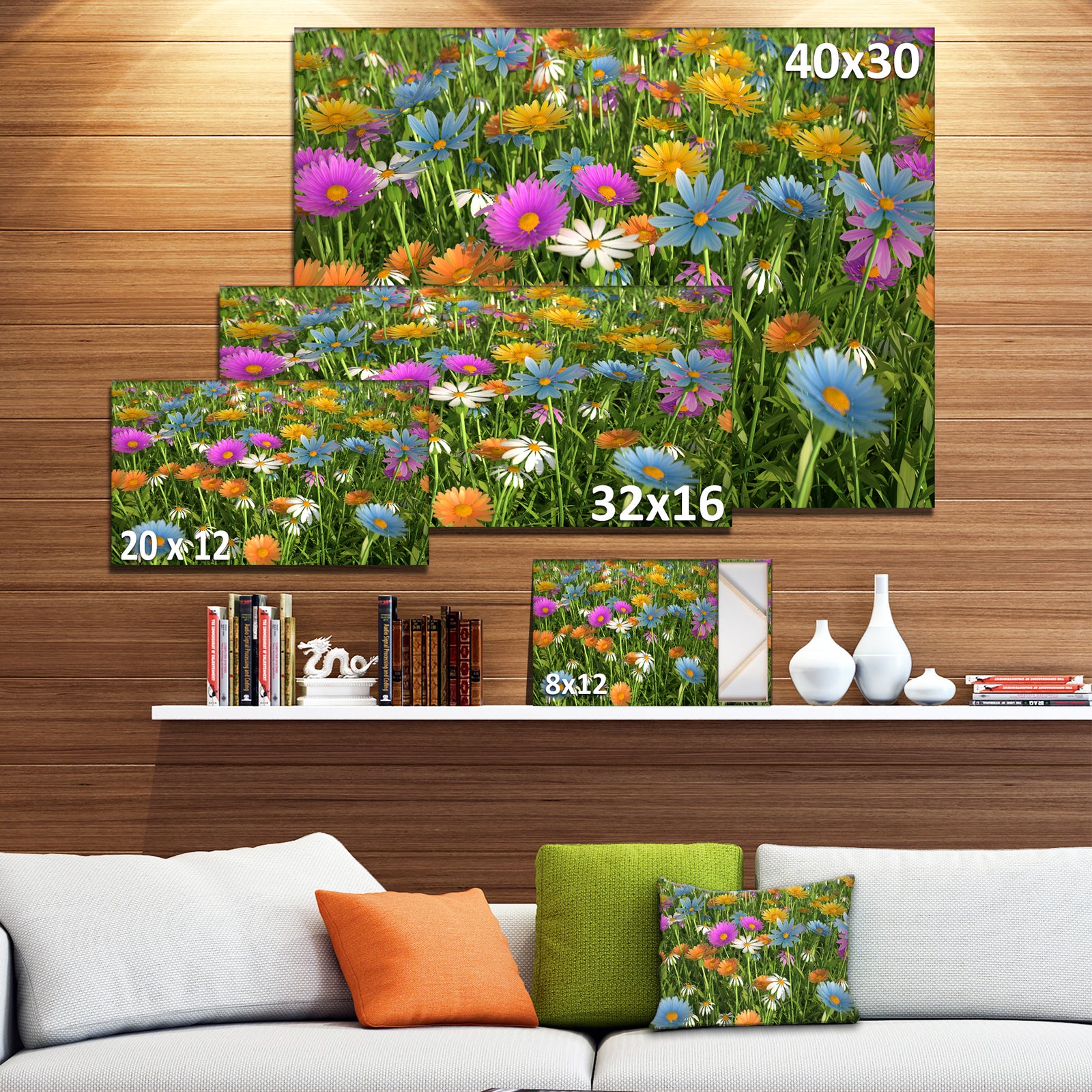 Different Color Flowers in Field - Modern Floral Large Canvas Art