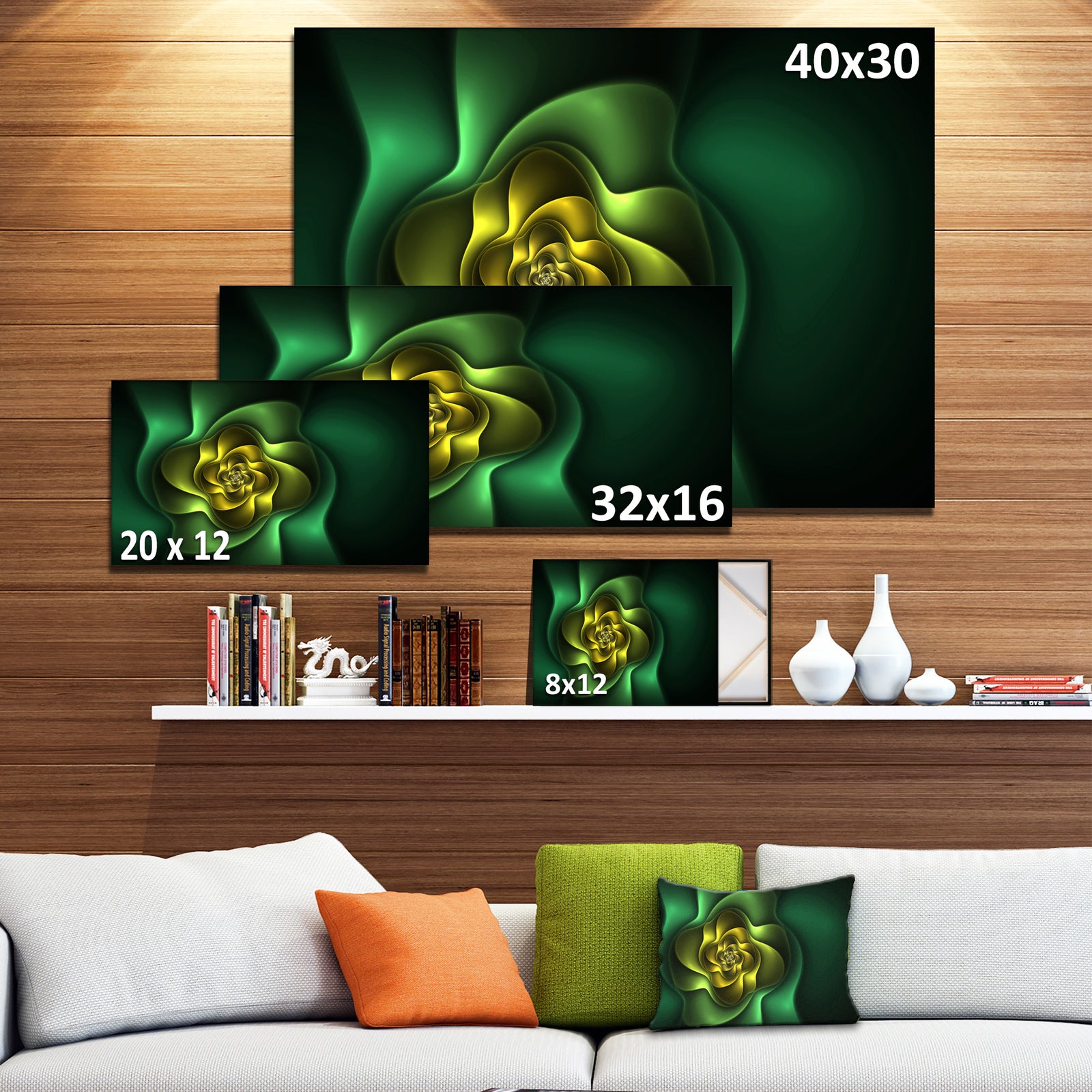 Fractal Green Flower on Black - Floral Canvas Wall Art