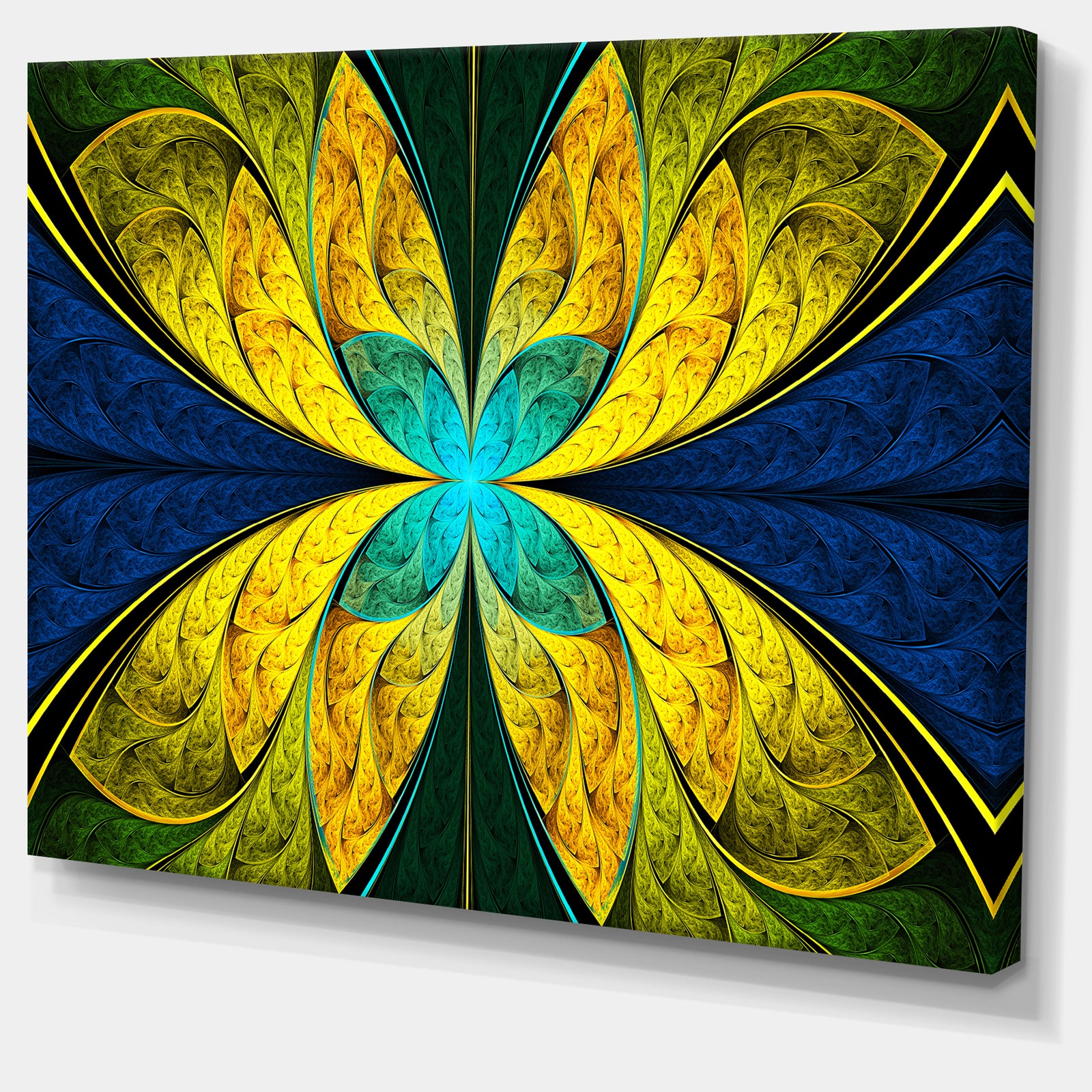 Bright Yellow Blue Fractal Flower - Extra Large Floral Wall Art on Canvas