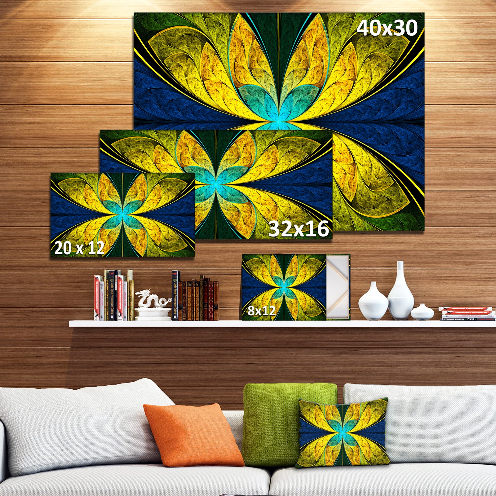 Bright Yellow Blue Fractal Flower - Extra Large Floral Wall Art on Canvas