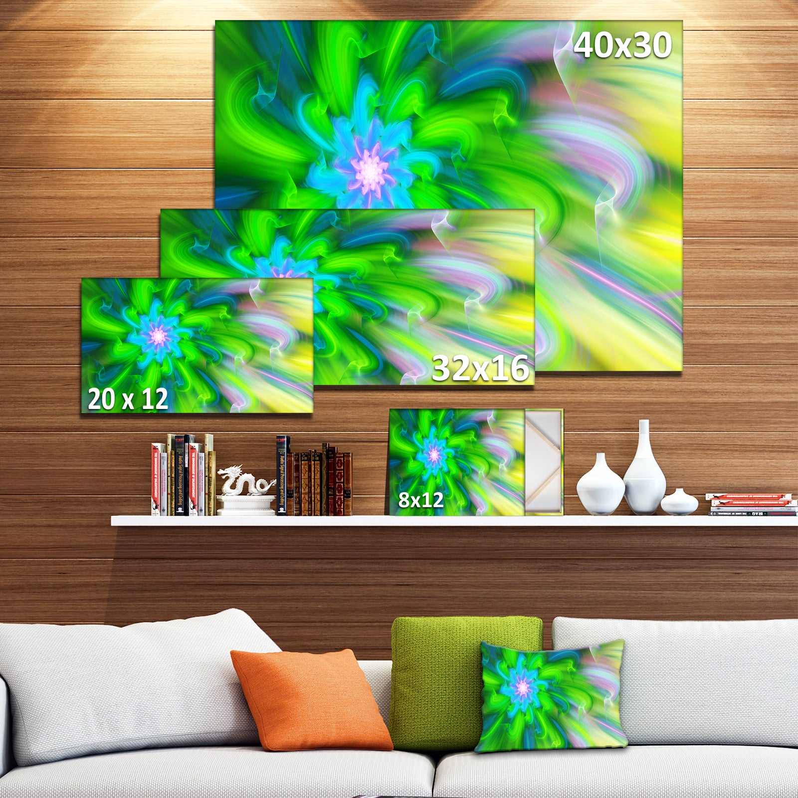 Dance of Green Flower Petals - Extra Large Floral Wall Art on Canvas