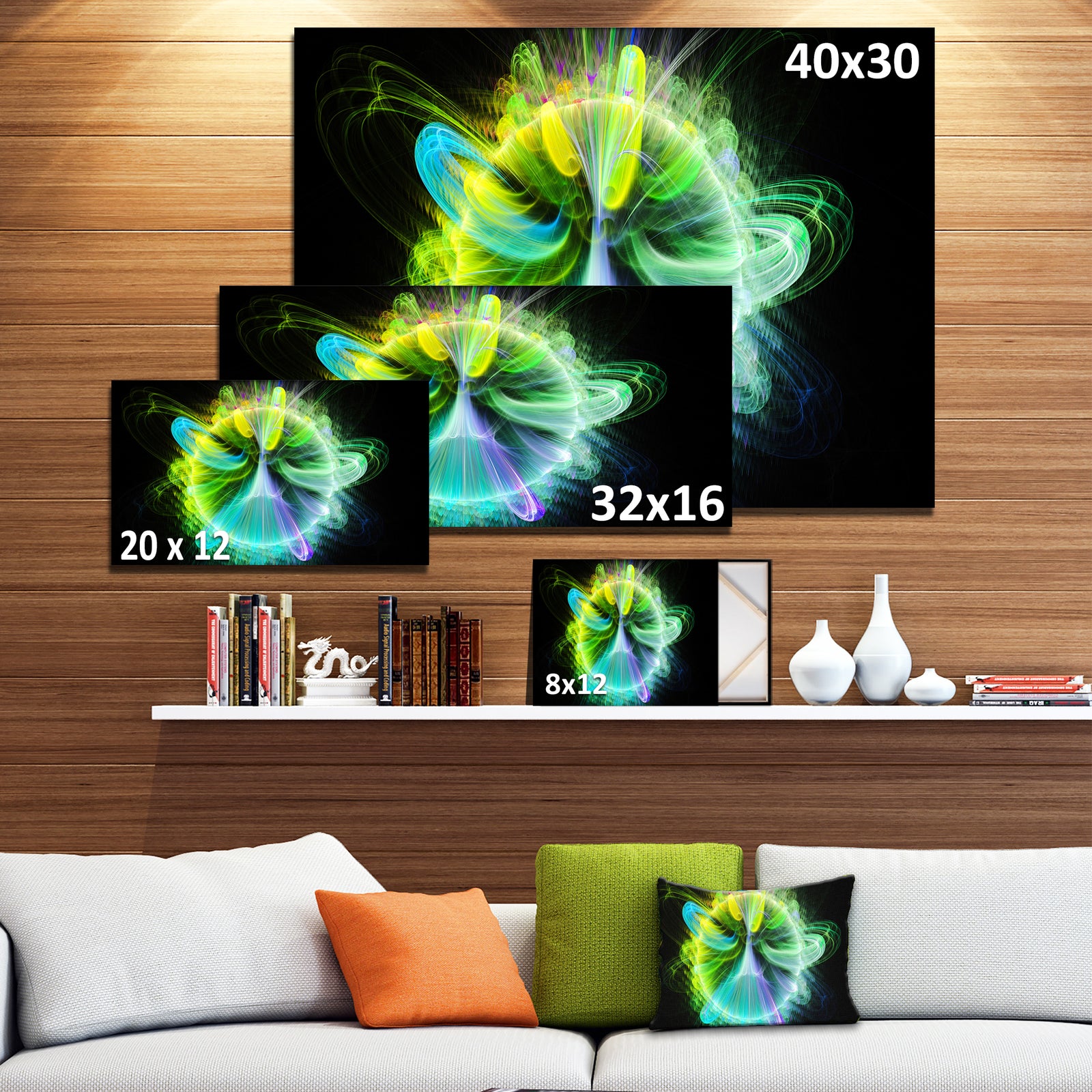 Green Fractal Vortices of Energy - Extra Large Floral Wall Art on Canvas
