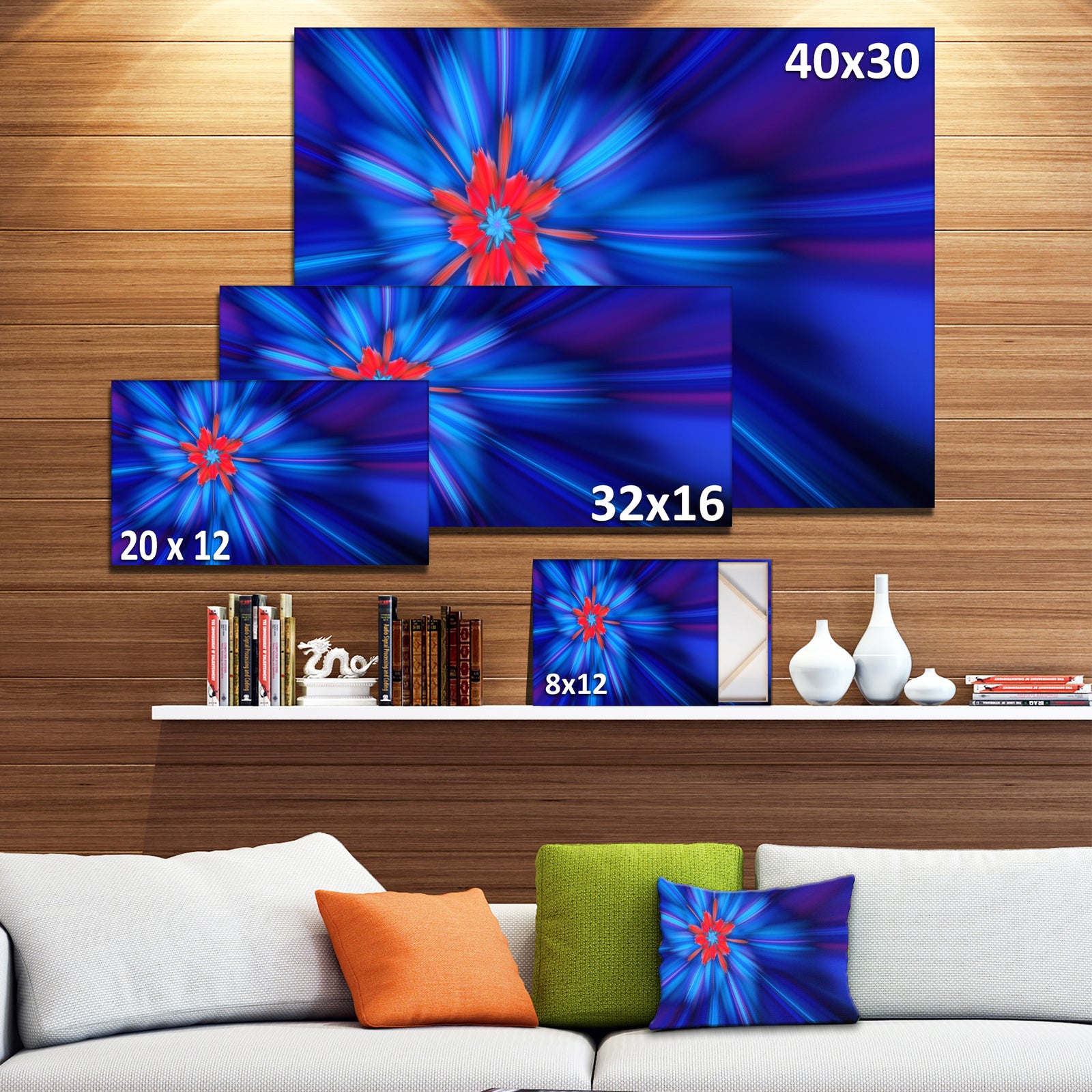 Rotating Fractal Blue Fireworks - Extra Large Floral Wall Art on Canvas