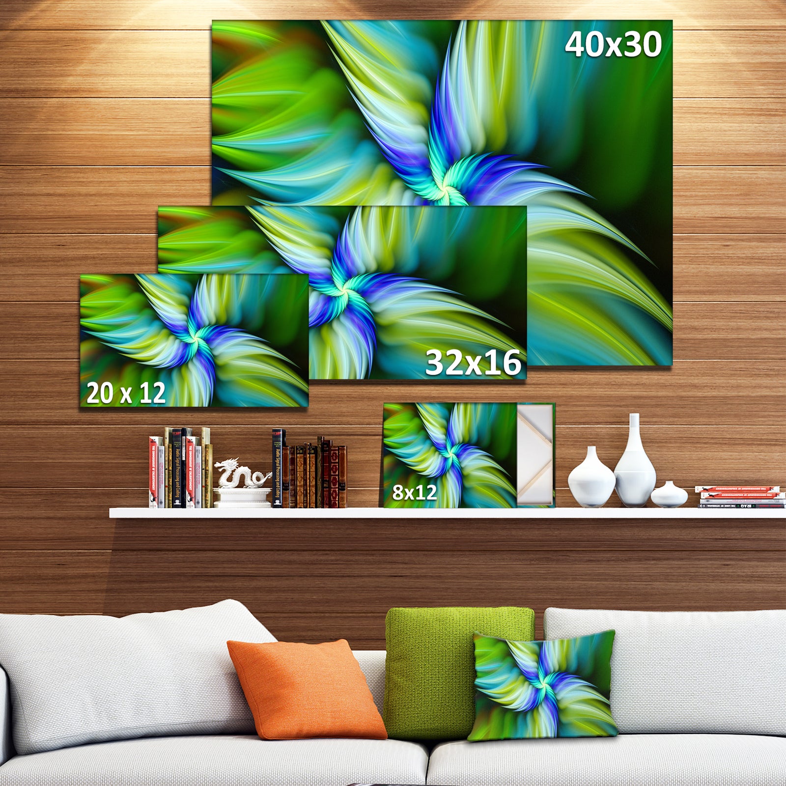 Rotating Fractal Green Star - Extra Large Floral Wall Art on Canvas
