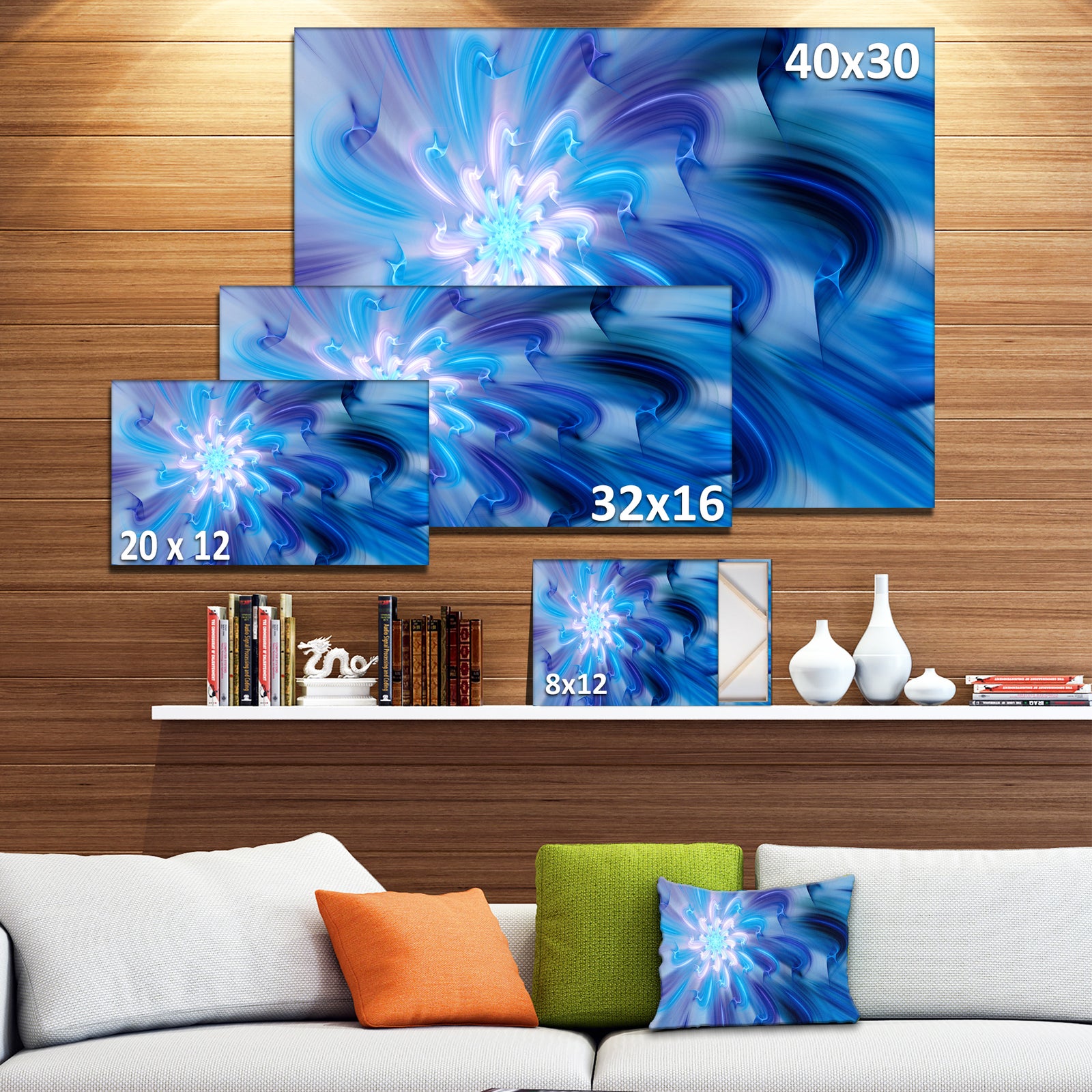 Dance of Blue Fractal Flower Petals - Extra Large Floral Wall Art on Canvas
