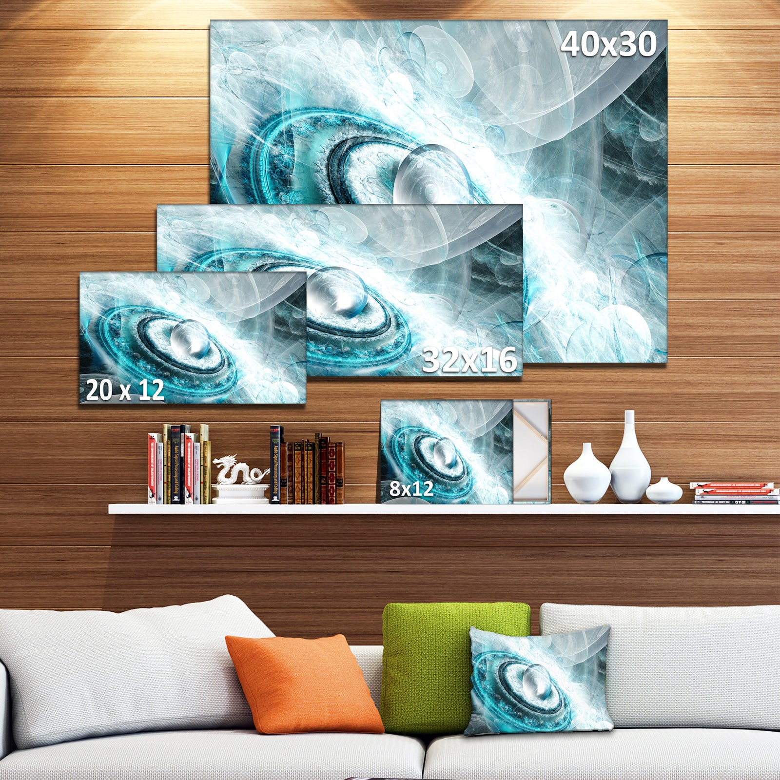 Blue Fractal Flying Saucer - Extra Large Floral Wall Art on Canvas